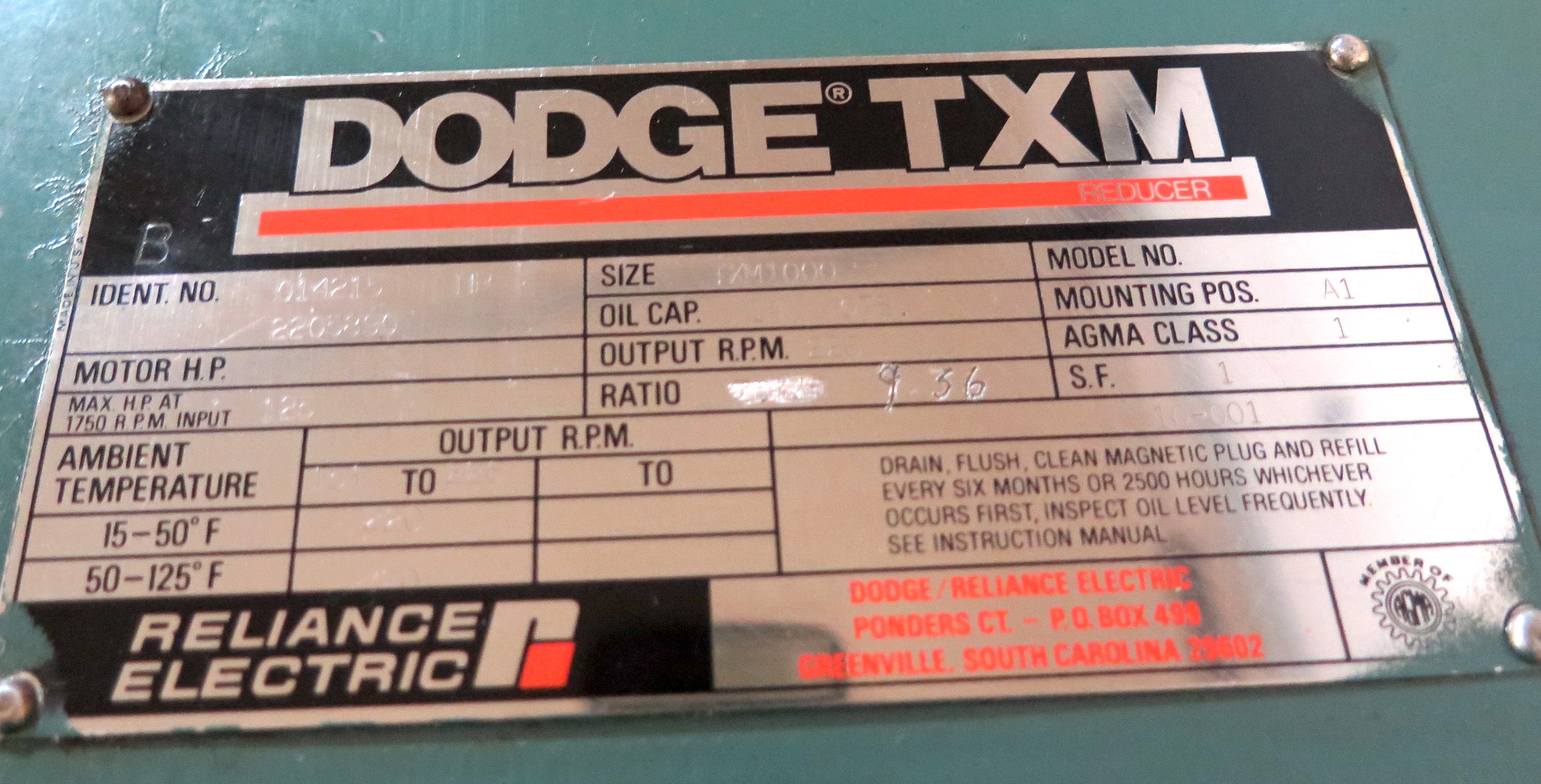Baldor Dodge TXM TXM1000 Gear Reducer Ratio 9.36:1 - Advance Operations