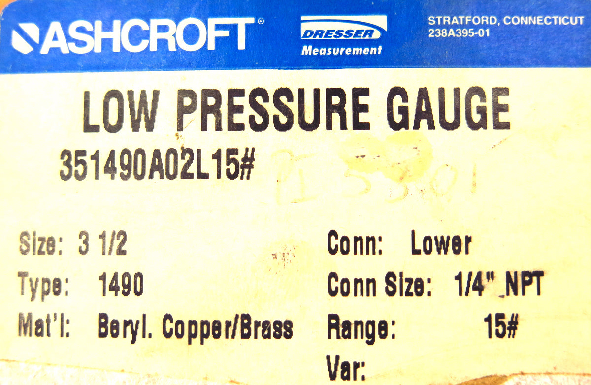 Ashcroft 1490 Low Pressure Gauge 0 to 15Psi 3-1/2" - Advance Operations