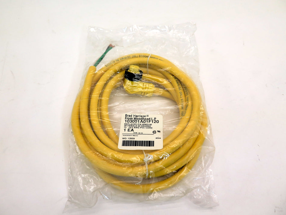 Brad Harrison WoodHead 103001A01F120  3P Female 90 Degree Cordset - Advance Operations