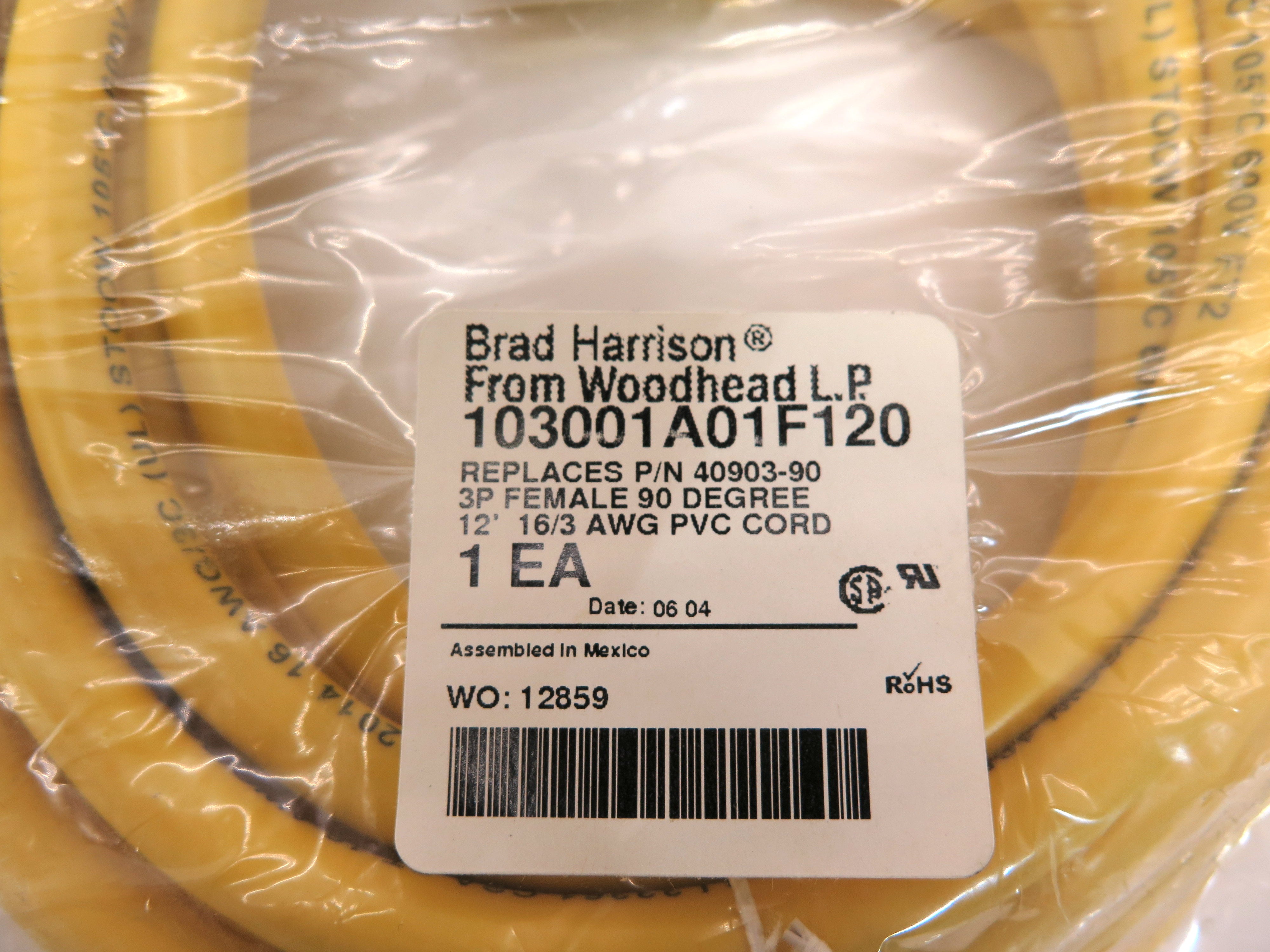 Brad Harrison WoodHead 103001A01F120  3P Female 90 Degree Cordset - Advance Operations