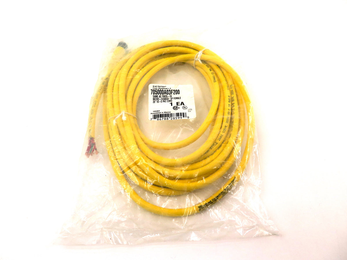 Brad Harrison WoodHead 705000A03F200 Micro-Change Cordset 5P Female 20Ft 18/5 - Advance Operations