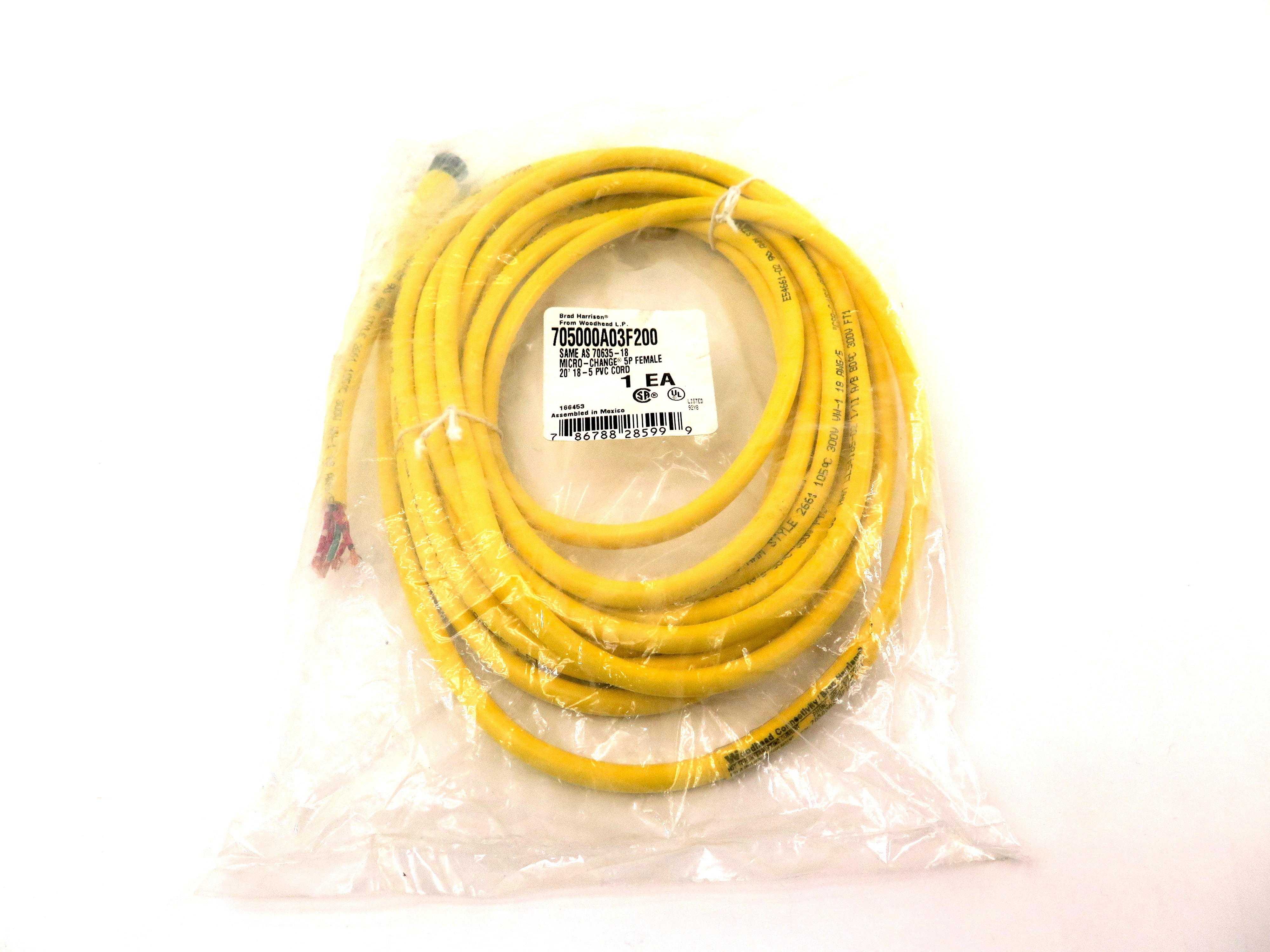 Brad Harrison WoodHead 705000A03F200 Micro-Change Cordset 5P Female 20Ft 18/5 - Advance Operations