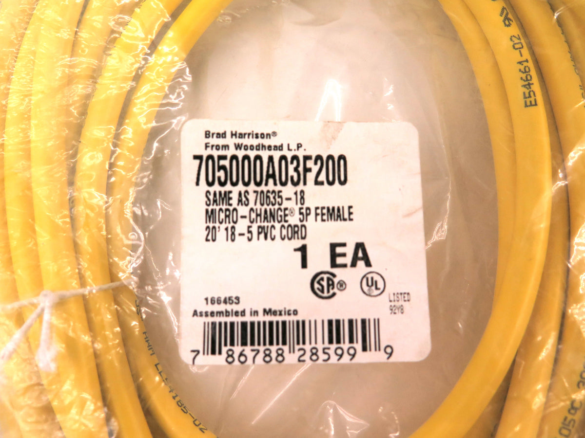 Brad Harrison WoodHead 705000A03F200 Micro-Change Cordset 5P Female 20Ft 18/5 - Advance Operations