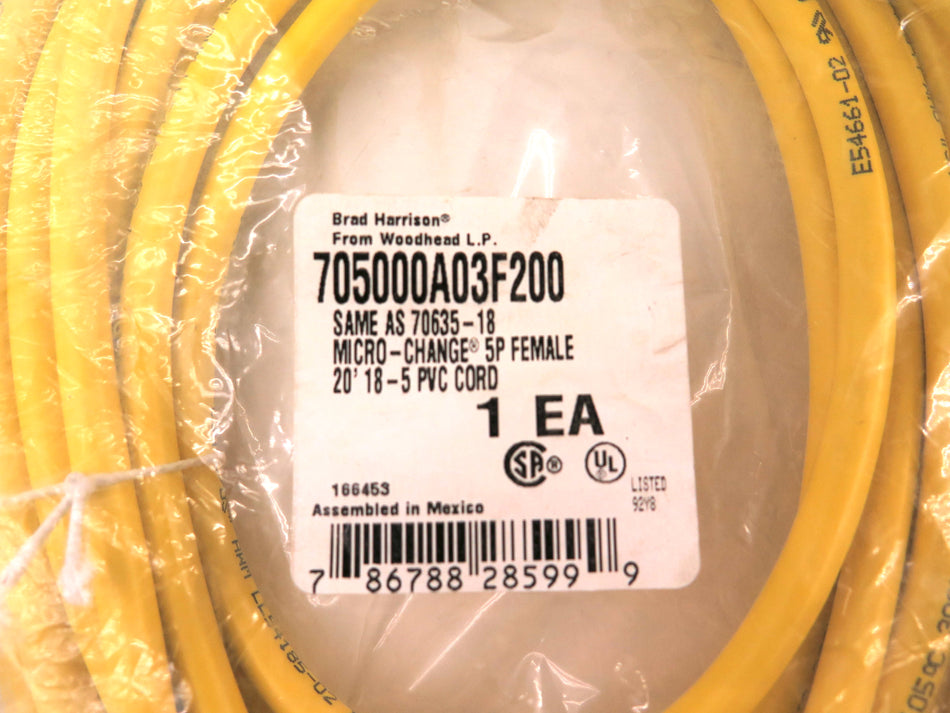 Brad Harrison WoodHead 705000A03F200 Micro-Change Cordset 5P Female 20Ft 18/5 - Advance Operations