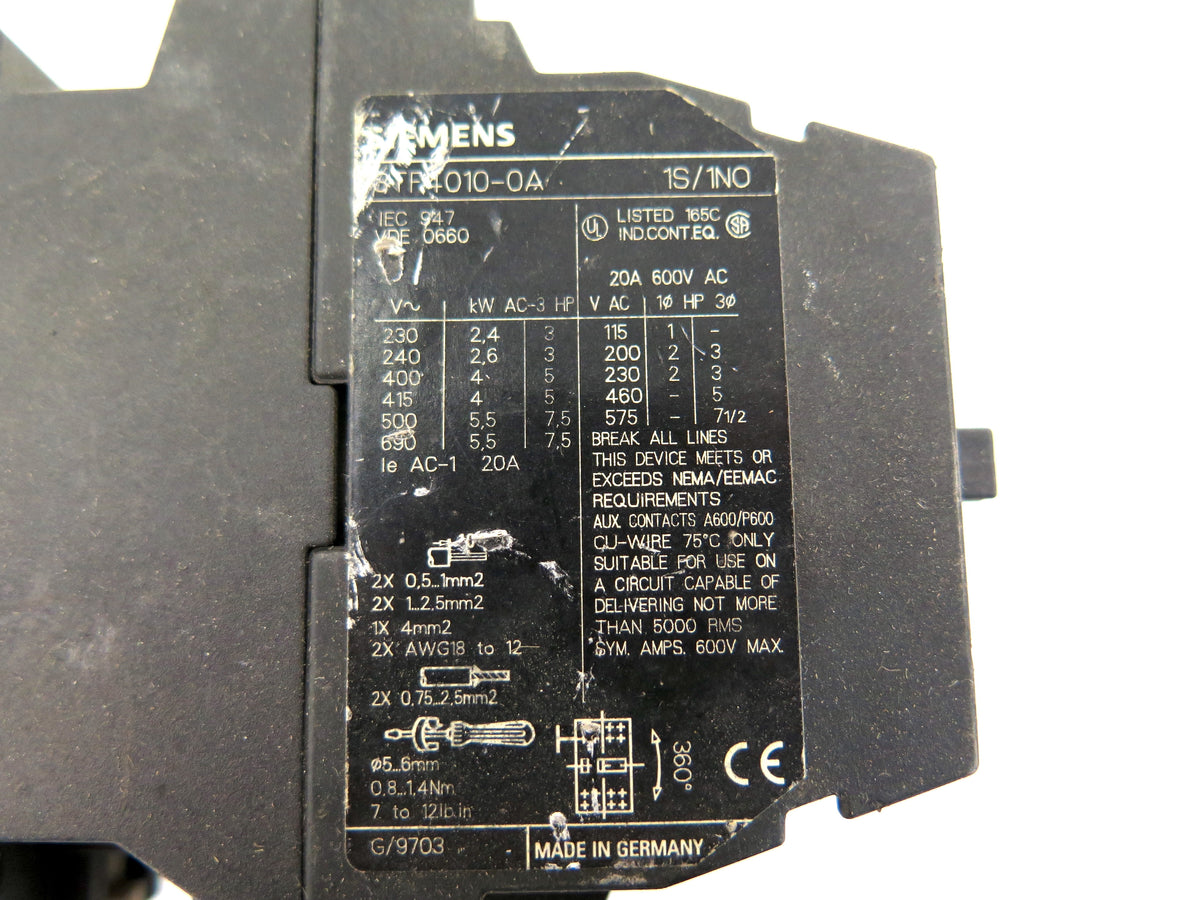 Siemens 3TF4010-0A Contactor Coil 120Vac - Advance Operations
