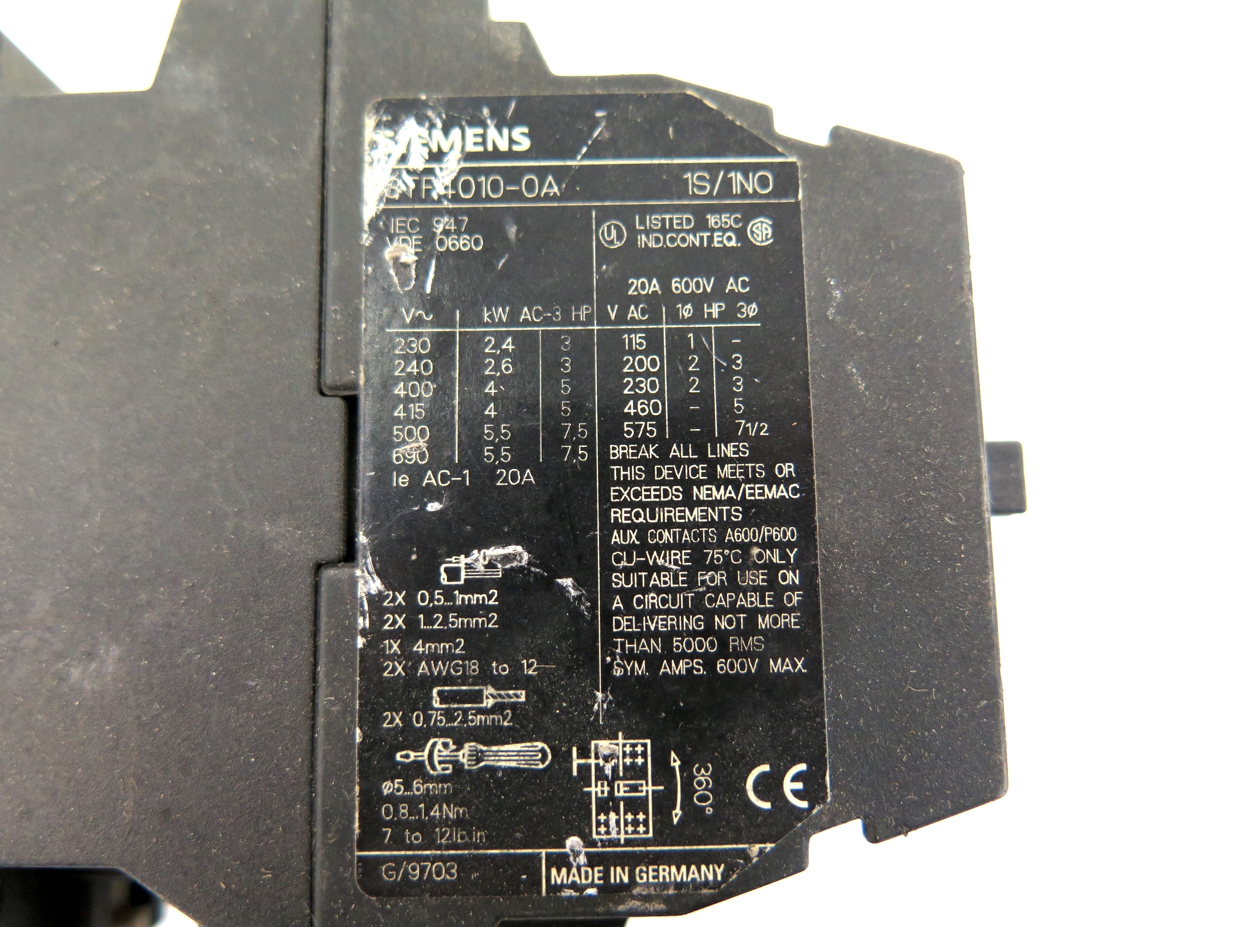 Siemens 3TF4010-0A Contactor Coil 120Vac - Advance Operations