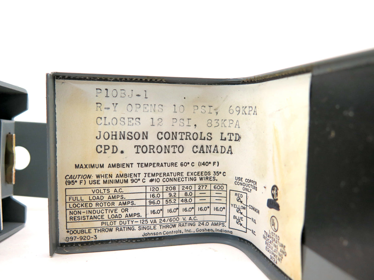 Penn/Johnson Controls P10BJ-1 R-Y OPENS 10 PSI 69KPA Closes 12PSI 83KPA - Advance Operations