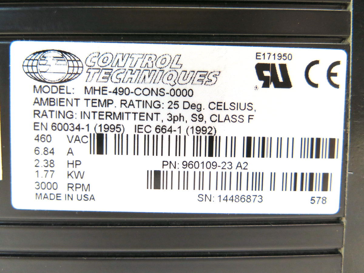 Control Techniques MHE-490-CONS-0000 Servo Motor 3PH 6.84A 2.38HP 460Vac - Advance Operations