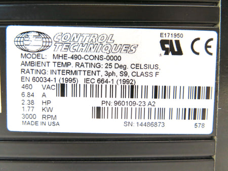 Control Techniques MHE-490-CONS-0000 Servo Motor 3PH 6.84A 2.38HP 460Vac - Advance Operations