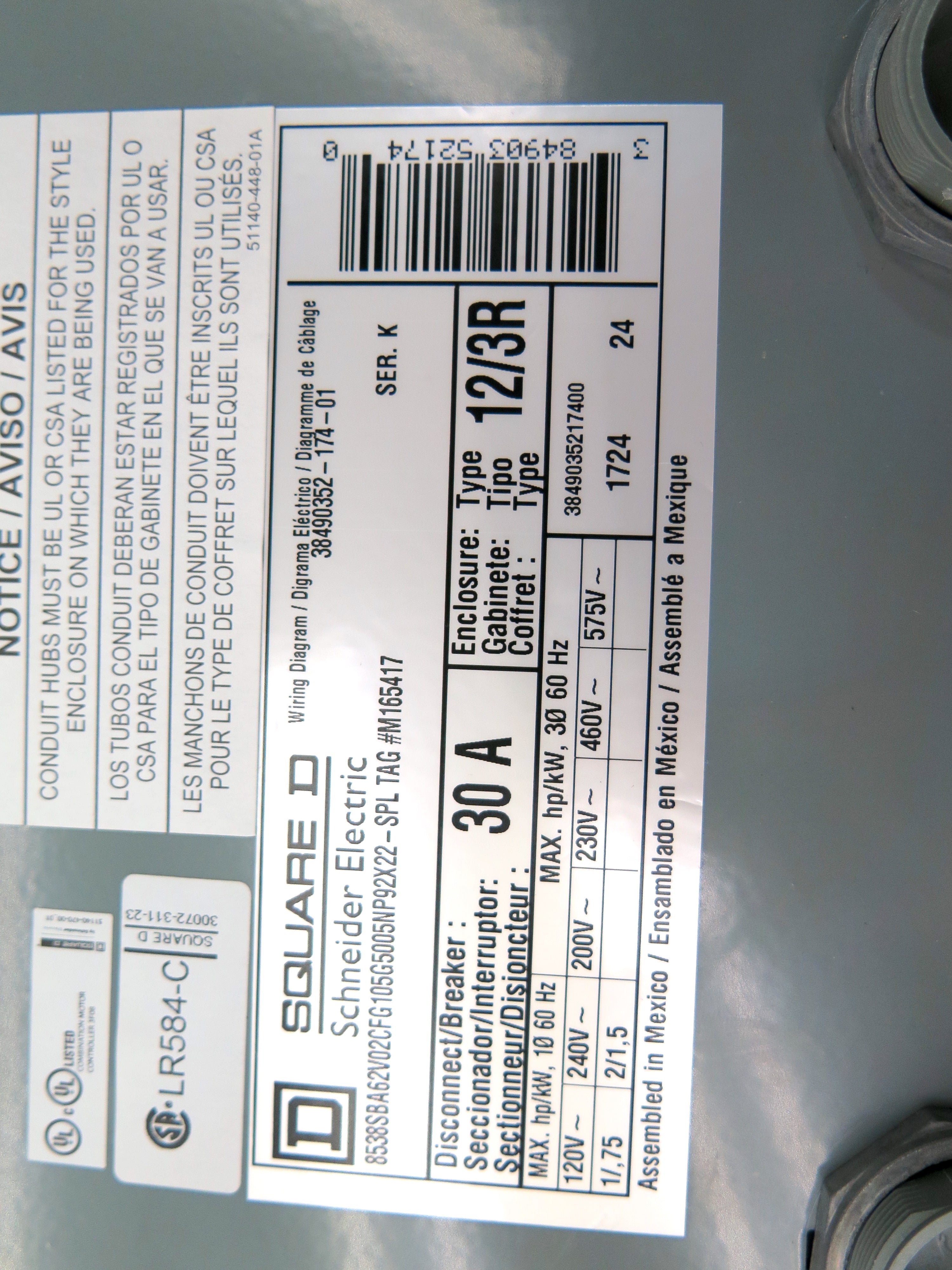 Square D 8538SBA62V02CFG105G5005NP92X22-SPL Combination Motor Starter 2HP 30A - Advance Operations