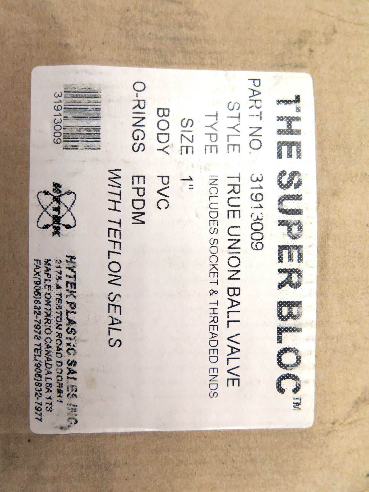 Hytek 31913009 The Super Bloc True Union Ball Valve 1" PVC No Threaded End - Advance Operations
