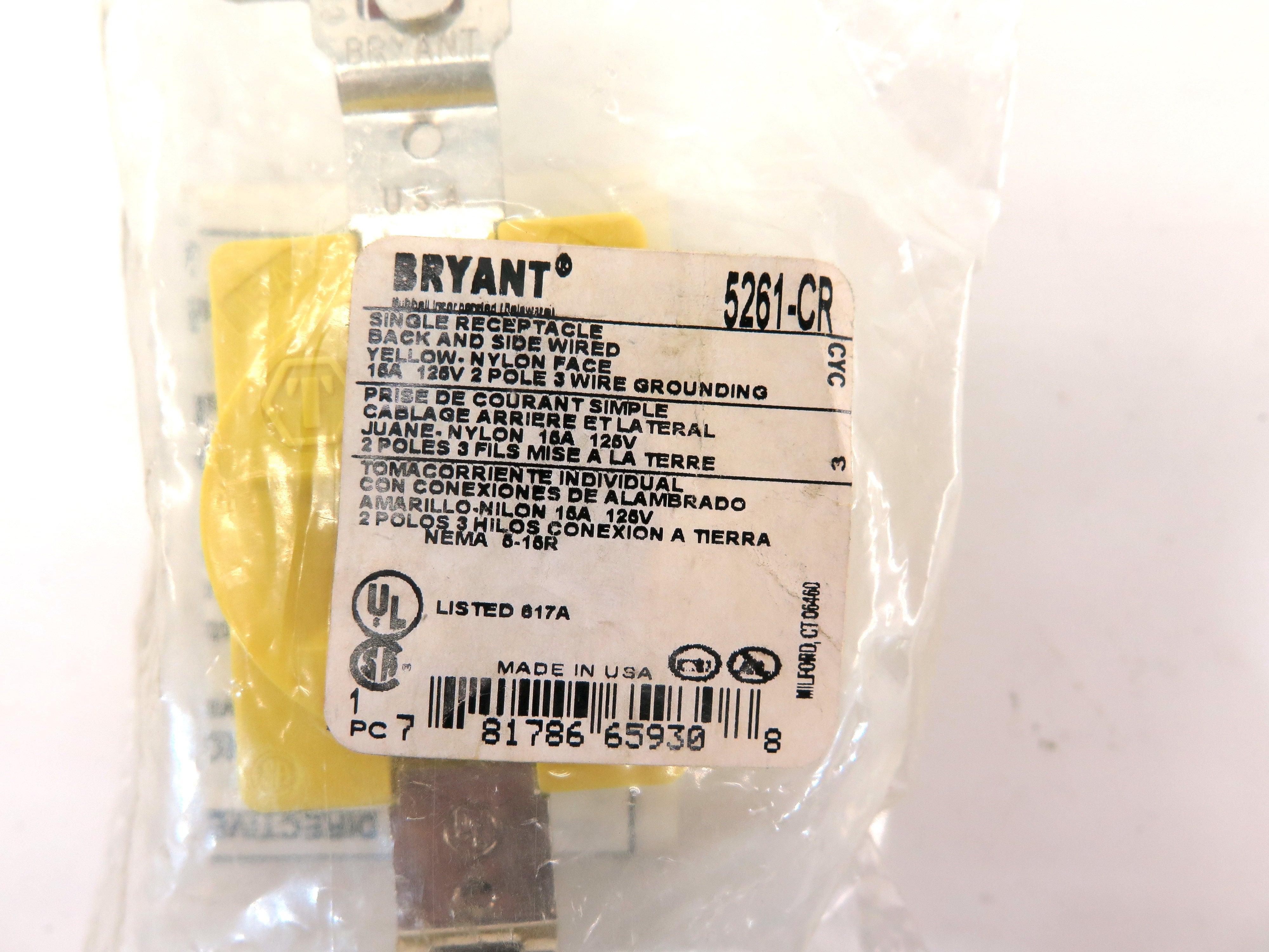 Bryant 5261CR Yellow Industrial Corrosion Resistant Receptacle 120V 15A - Advance Operations