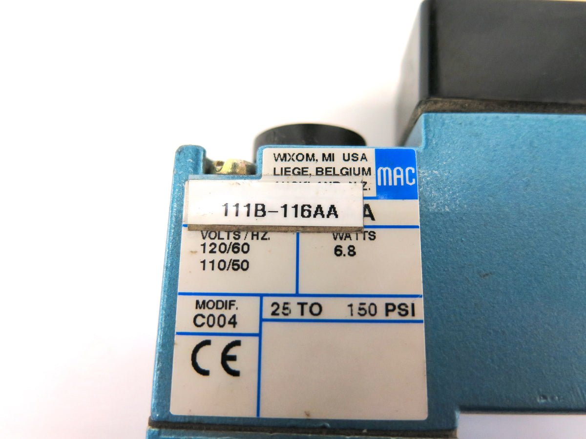 Mac 111B-116AA Solenoid Valve 110/120 Vac 50/60 Hz 25-150 Psi - Advance Operations