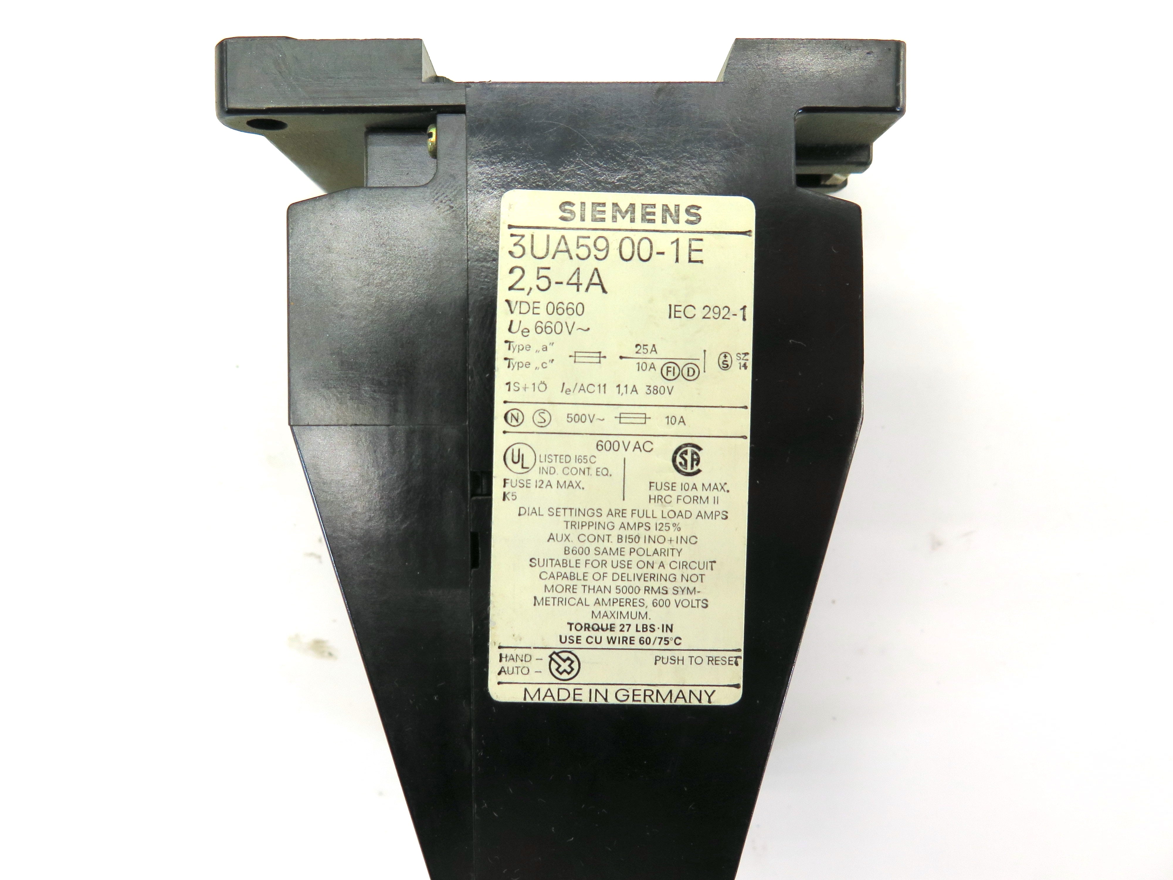 Siemens 3UA59 00-1E Contactor Overload Relay 2.5-4 Amp - Advance Operations