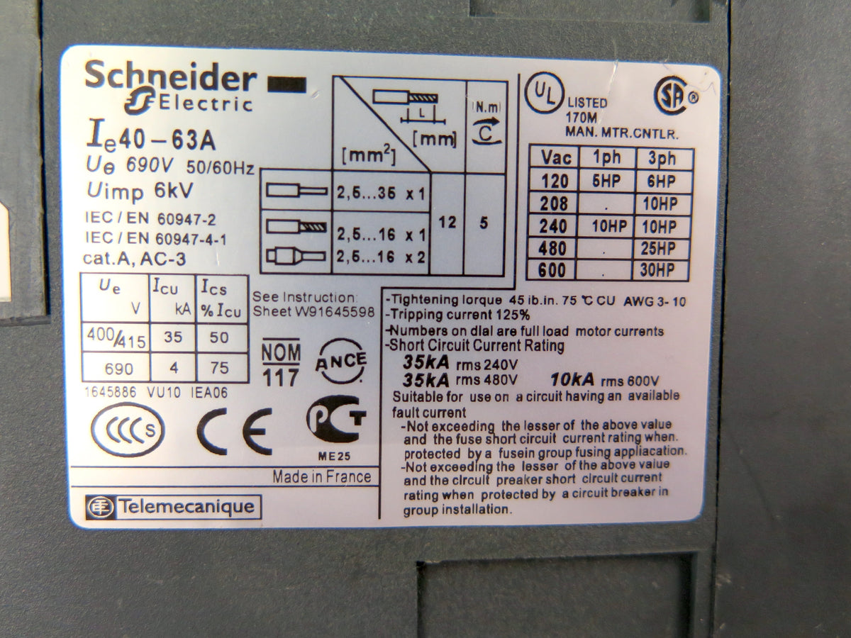 Schneider GV3ME63/ 40-63A Circuit Breaker 600V  40-63A - Advance Operations