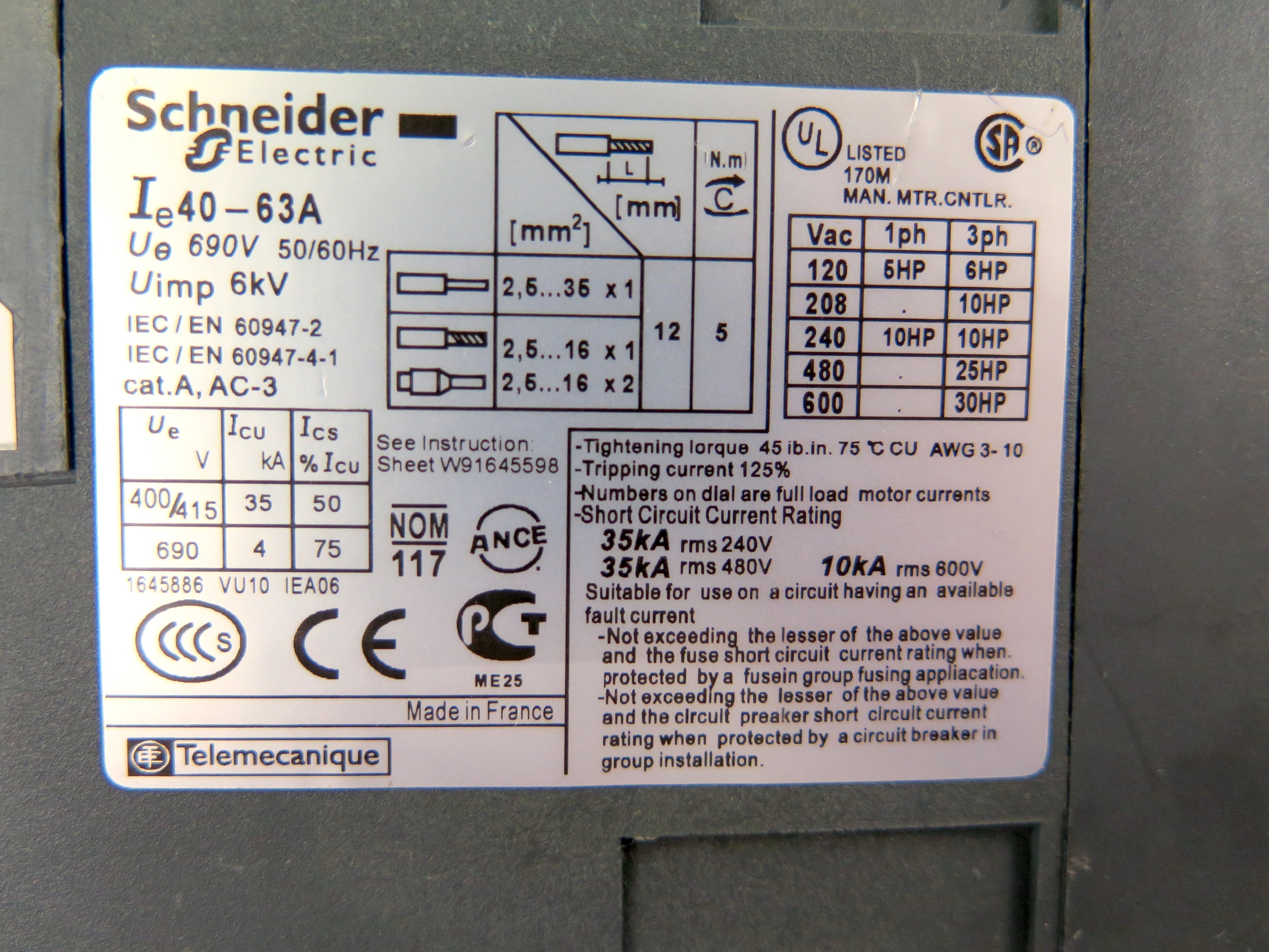 Schneider GV3ME63/ 40-63A Circuit Breaker 600V  40-63A - Advance Operations