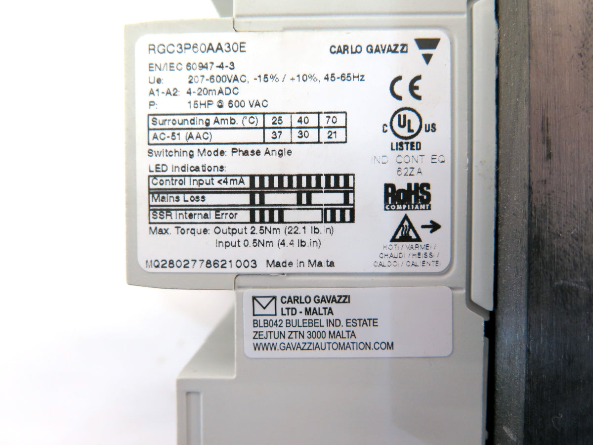 Carlo Gavazzi RGC3P60AA30E RG Solid State  Controler 207-600Vac Mint Condition - Advance Operations