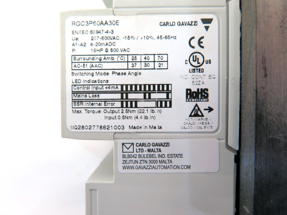 Carlo Gavazzi RGC3P60AA30E RG Solid State  Controler 207-600Vac Mint Condition - Advance Operations