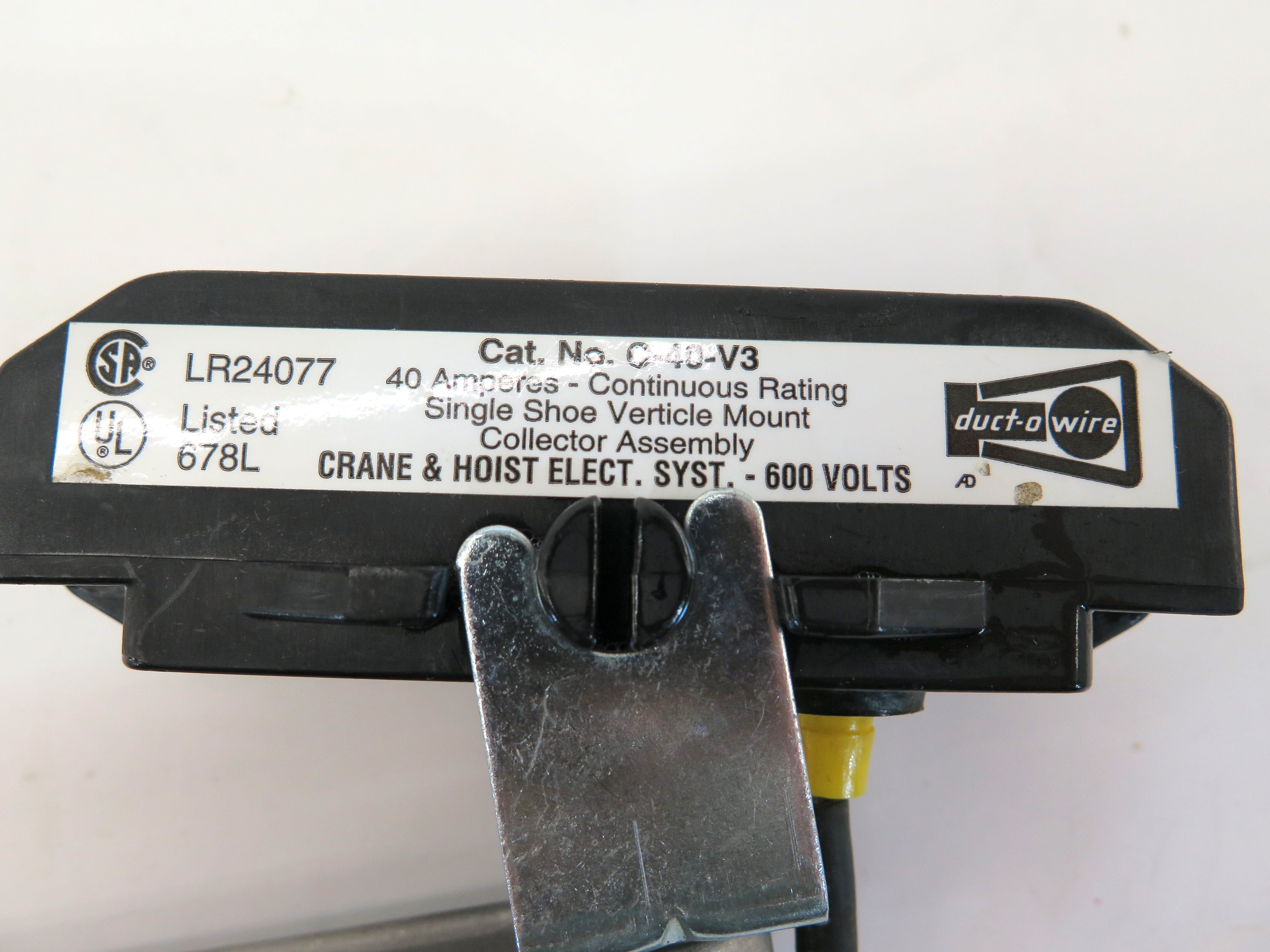 Duct-O-Wire C-40-V3 40A Continuous Rating Single Shoe Verticle Mount - Advance Operations