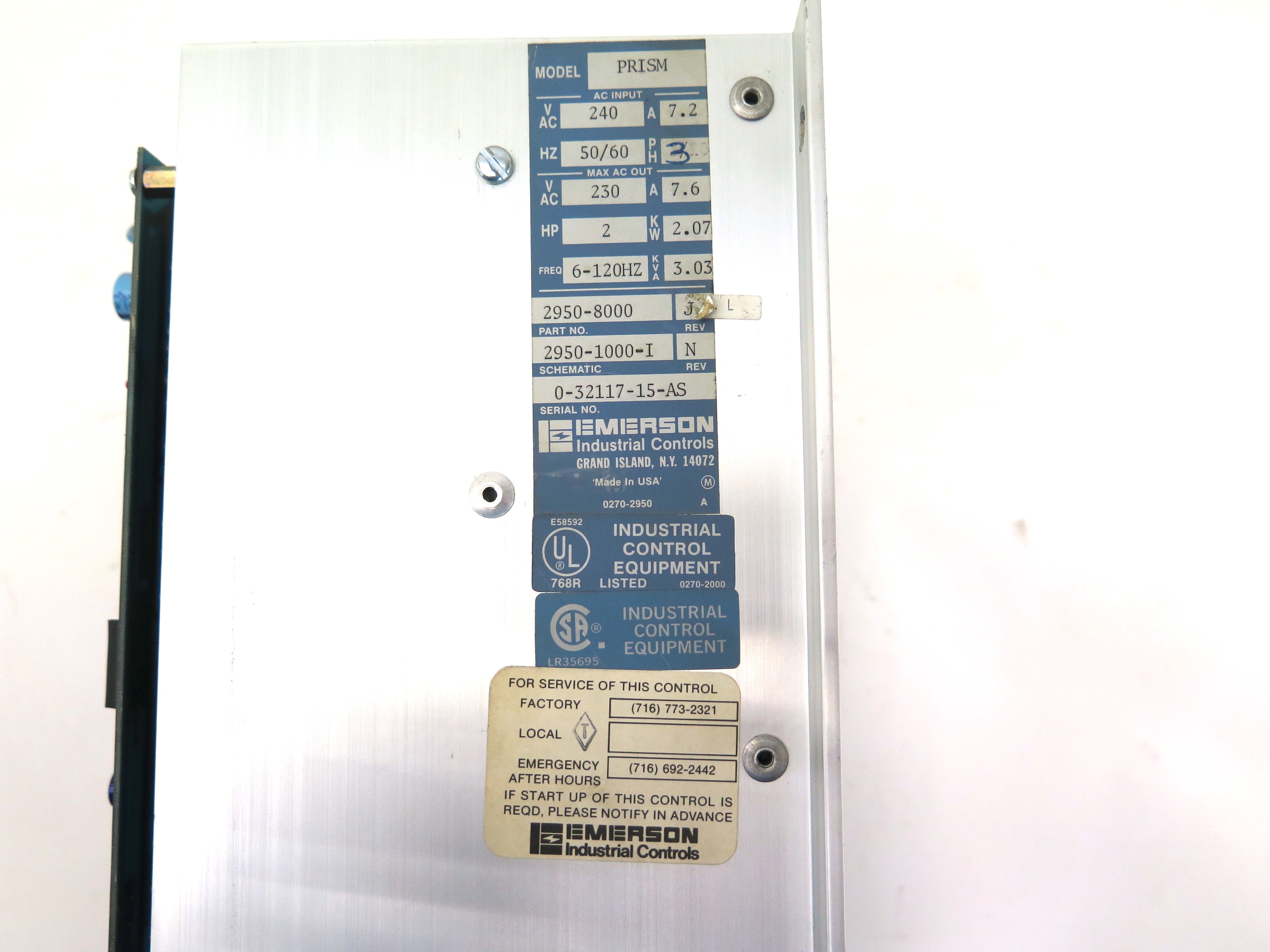 Emerson PRISM 2950-8000 AC Drive 240 VAC 7.2A. 3Ph  2HP - Advance Operations