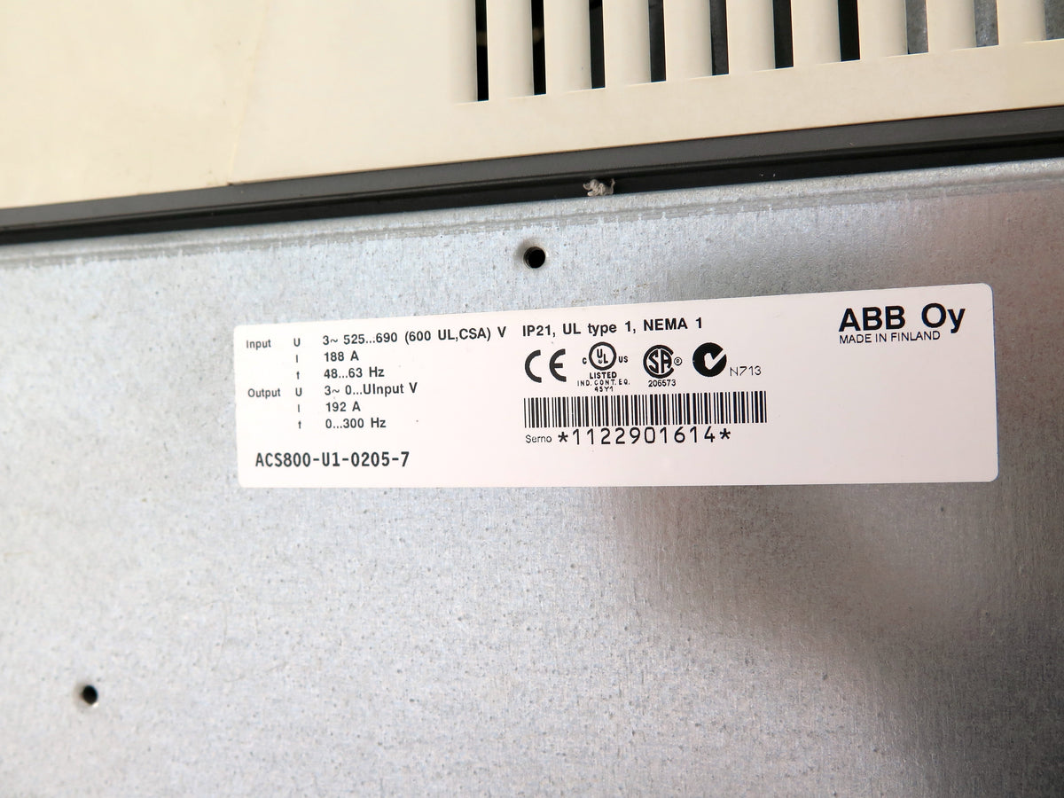 ABB ACS800-U1-0205-7 VFD Motor AC Drive 200 HP 3Ph 525-690V 188A - Advance Operations
