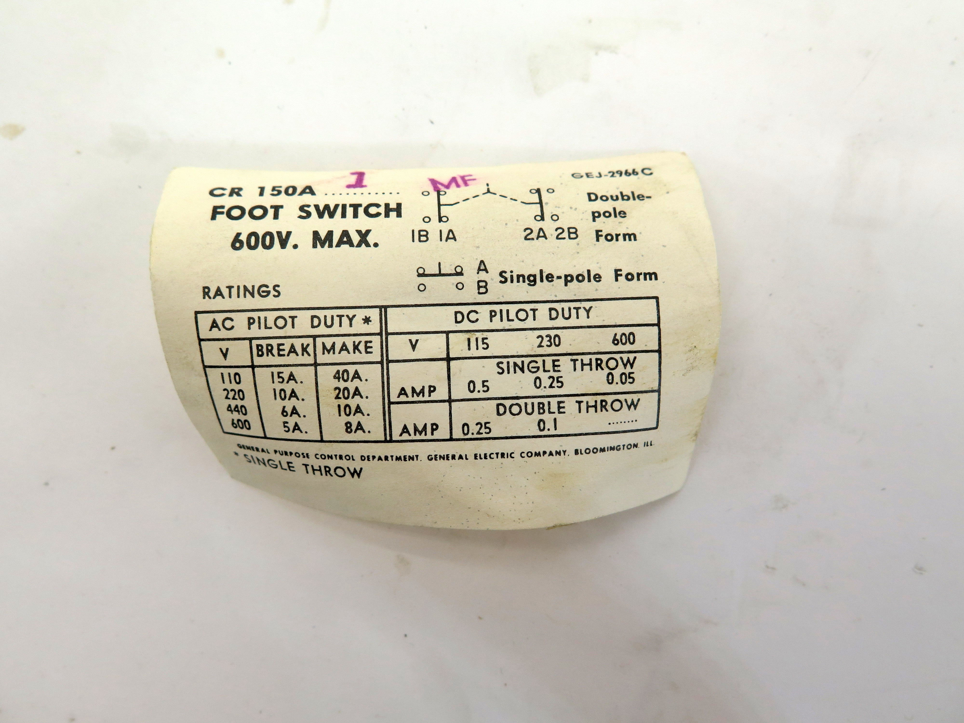 General Electric CR 150A Foot Switch 600V. Max - Advance Operations