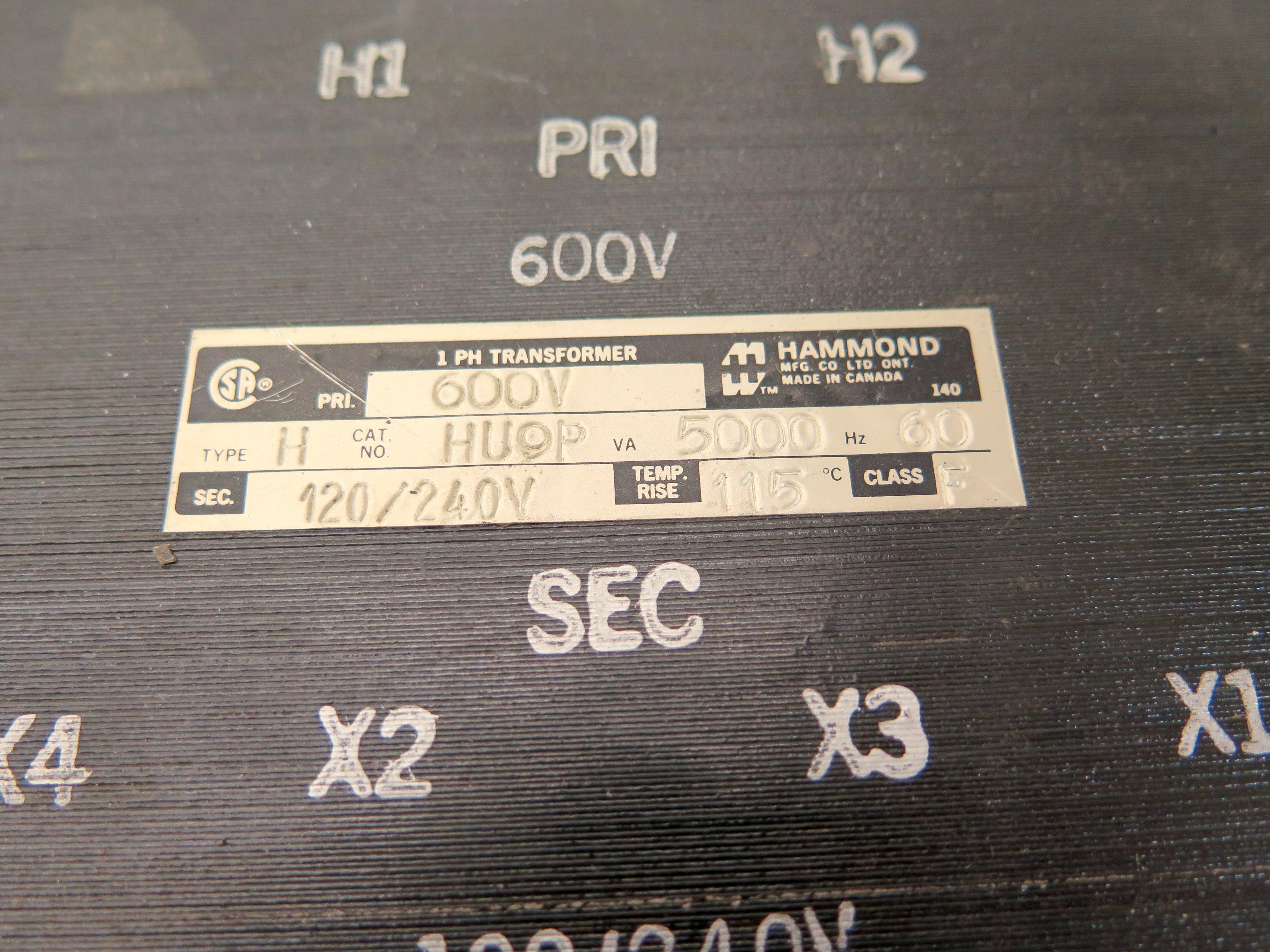 Hammond HU9P Transformer 5KVA Pri:600Vac / Sec.120Vac/240Vac - Advance Operations