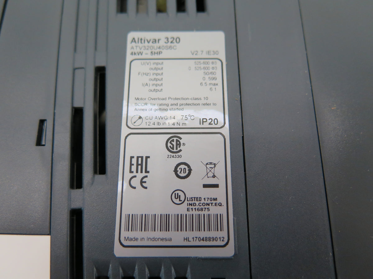 Schneider Altivar 320 ATV320U40S6C AC Drive 5HP/4kW 525-600Vac 6.5A Max - Advance Operations