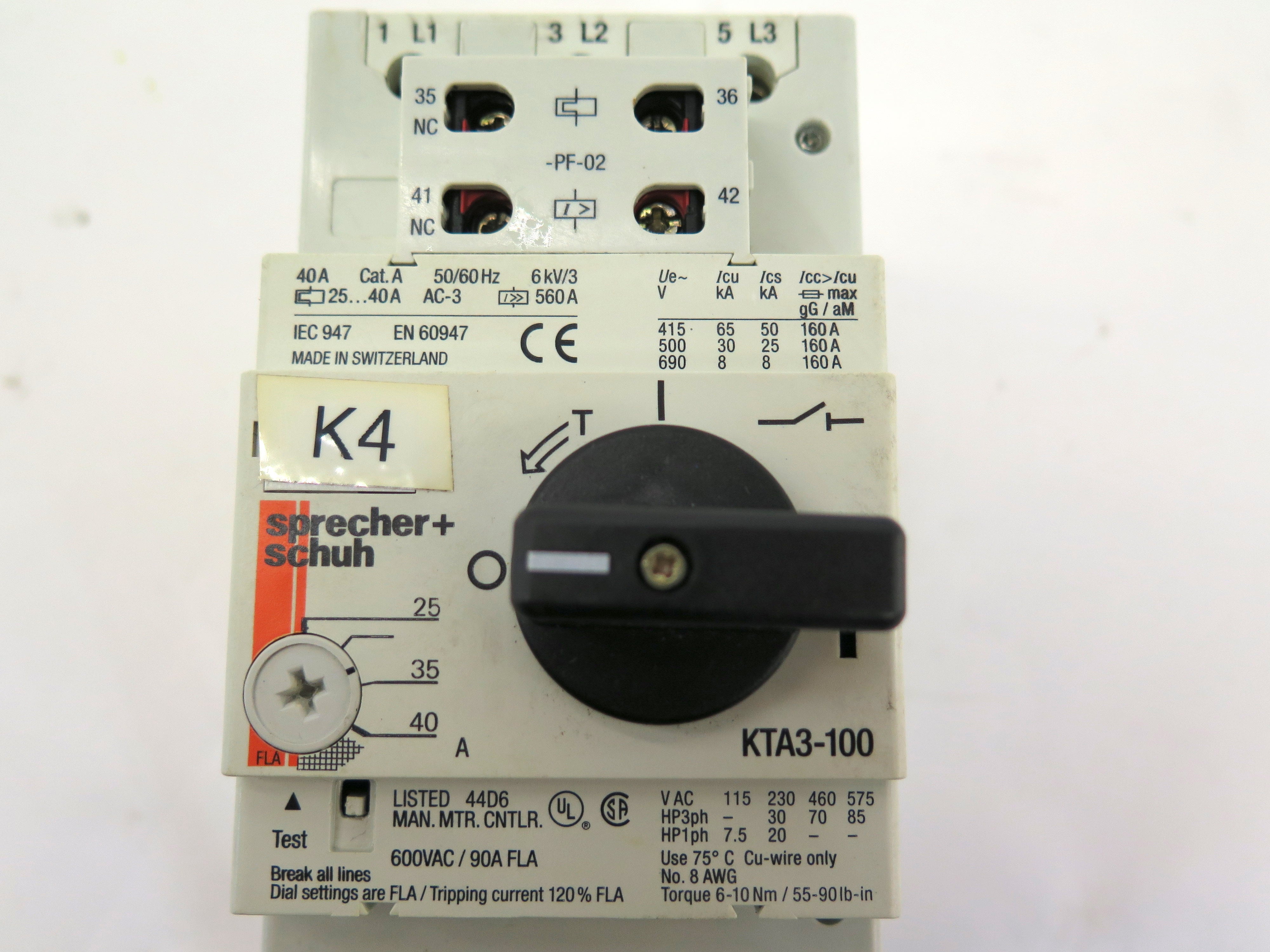 Sprecher+Schuh KTA3-100 Motor Circuit Breaker With KT 3-100-PF-02 Contact - Advance Operations