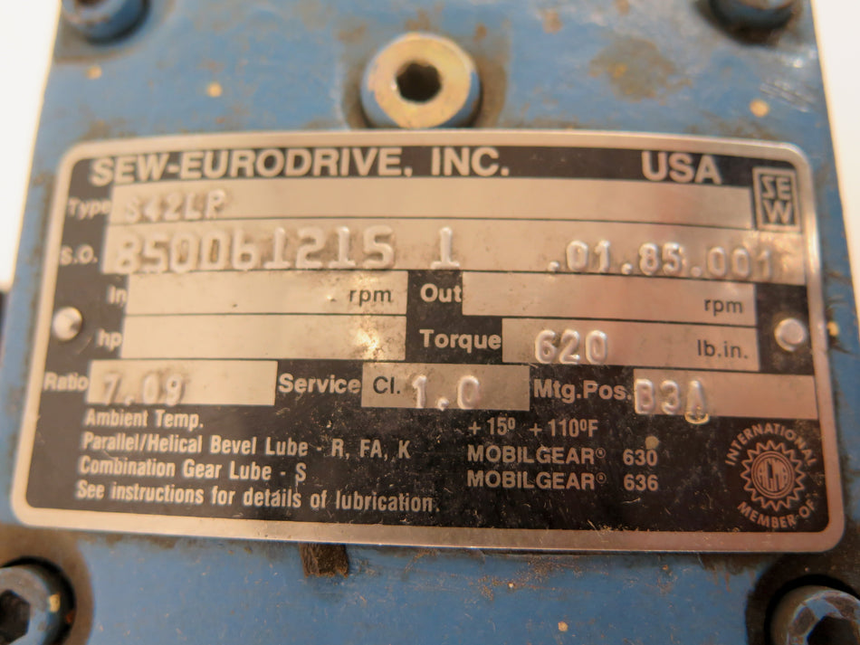 Sew Eurodrive Gearbox S42LP Torque 620 Lb Ratio 7.09 - Advance Operations