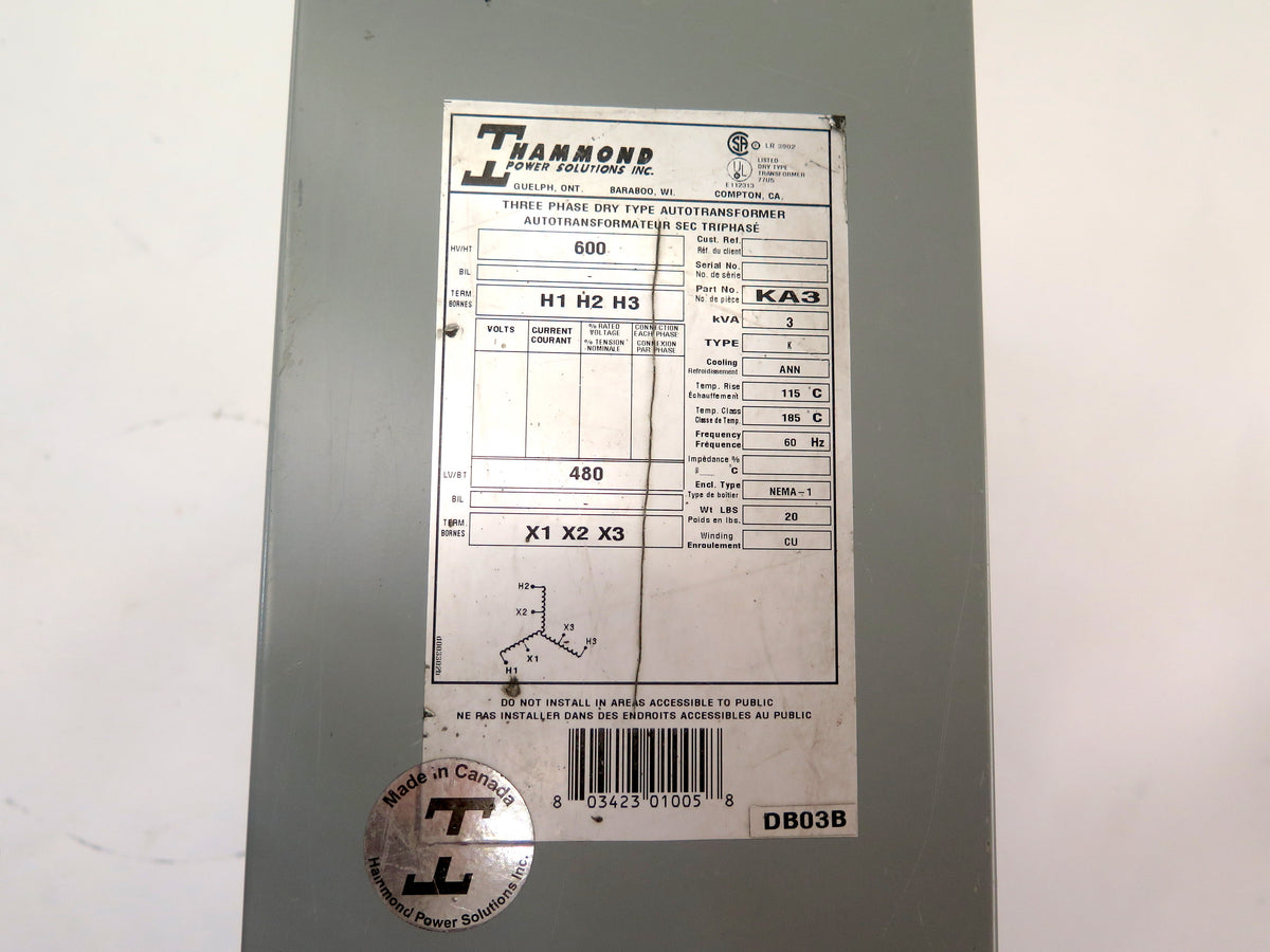 Hammond KA3 / 3KVA 3 Phase Dry Type Autotransformer - Advance Operations