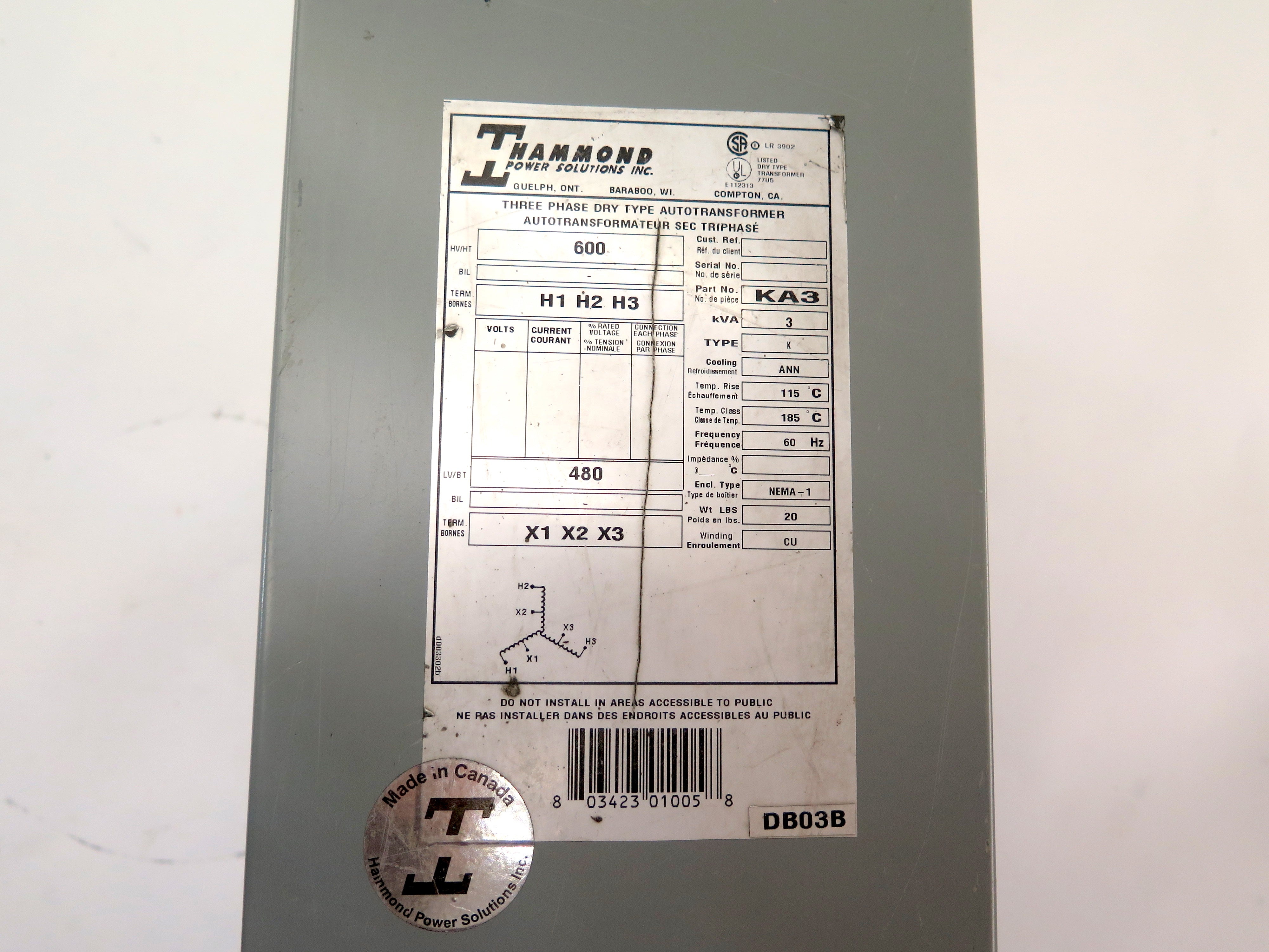 Hammond KA3 / 3KVA 3 Phase Dry Type Autotransformer - Advance Operations