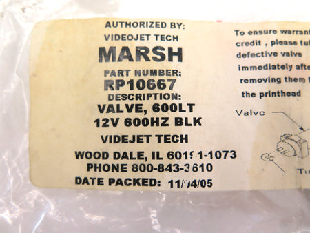 Marsh RP10667 Valve 600LT 12V 600Hz BLK Videojet Tech - Advance Operations