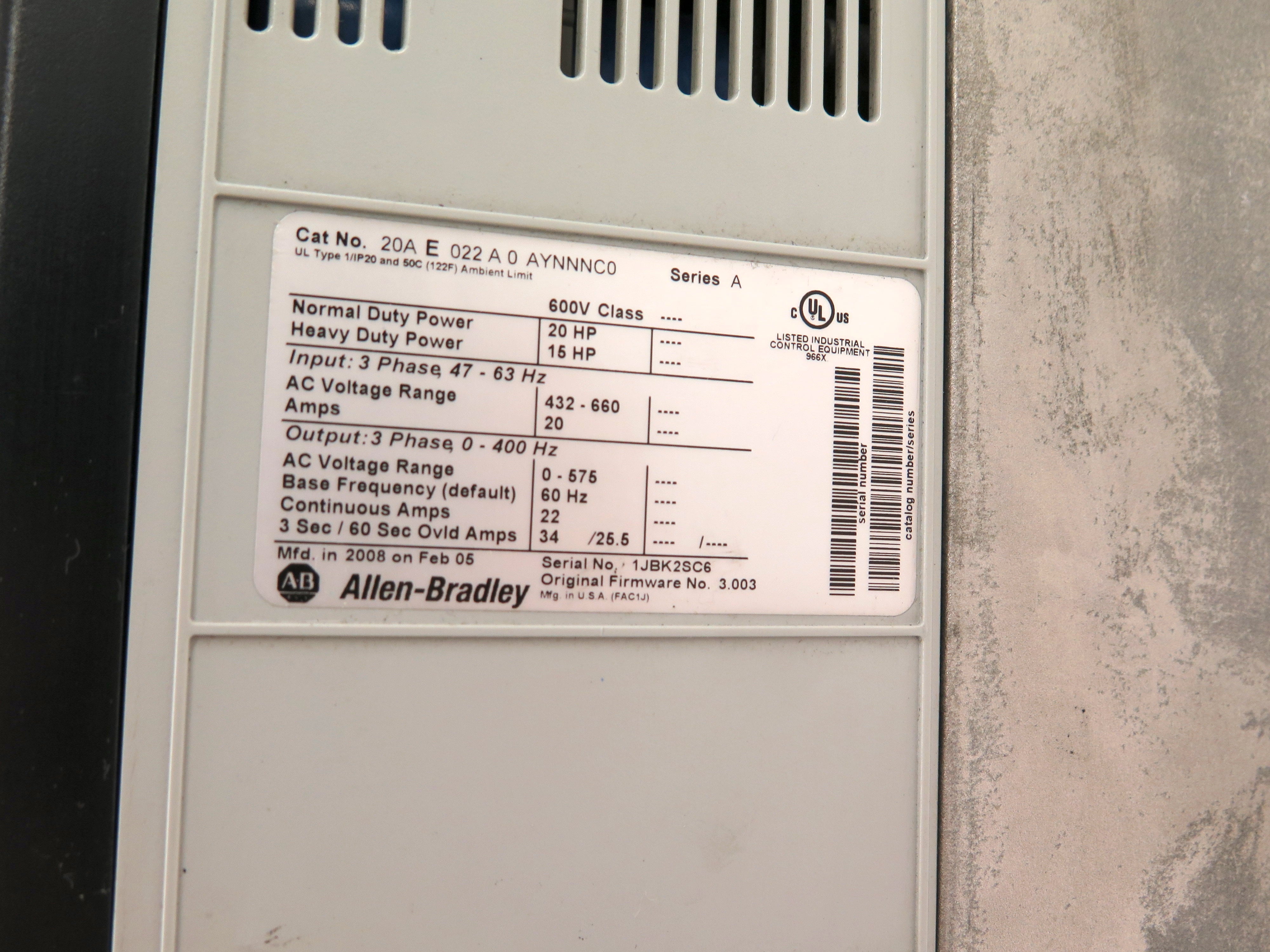 Allen-Bradley 20AE022A0AYNNNC0 AC Drive PowerFlex 70 20Hp 432-660Vac - Advance Operations