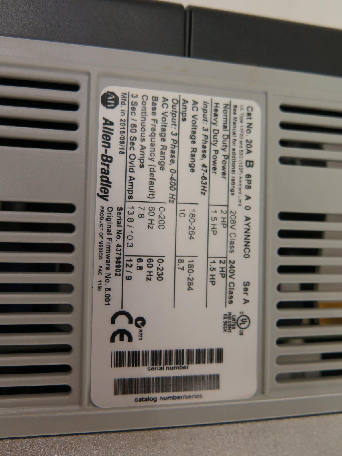 Allen-Bradley 20AB6P8A0AYNNNC0 PowerFlex 70 Driveguard AC Drive 2HP 180-264Vac - Advance Operations