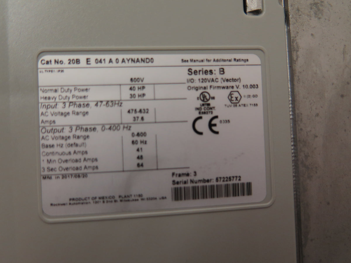 Allen-Bradley 20BE041A0AYNAND0 PowerFlex700 AC Drive 40Hp 475-632Vac - Advance Operations