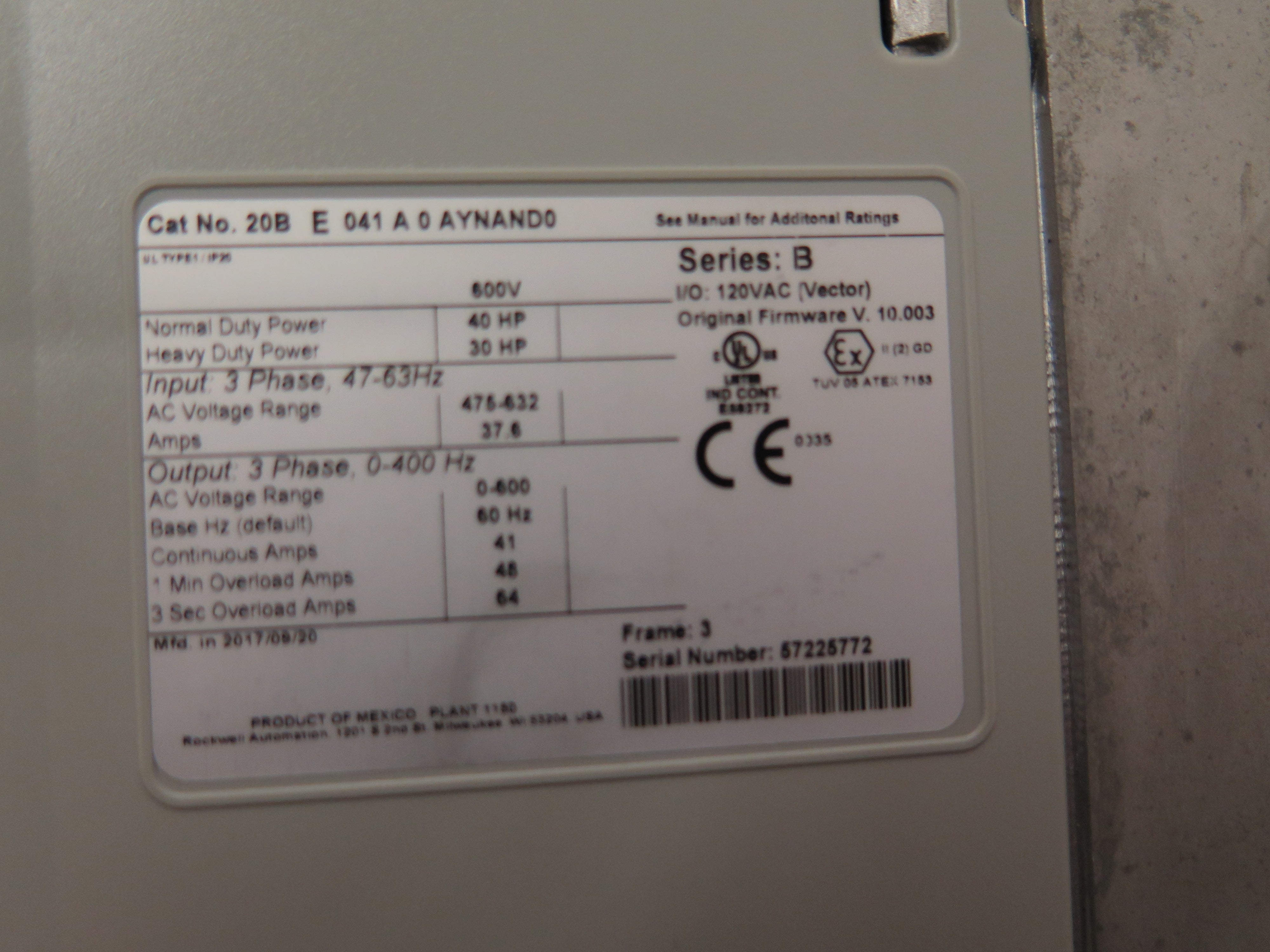 Allen-Bradley 20BE041A0AYNAND0 PowerFlex700 AC Drive 40Hp 475-632Vac - Advance Operations