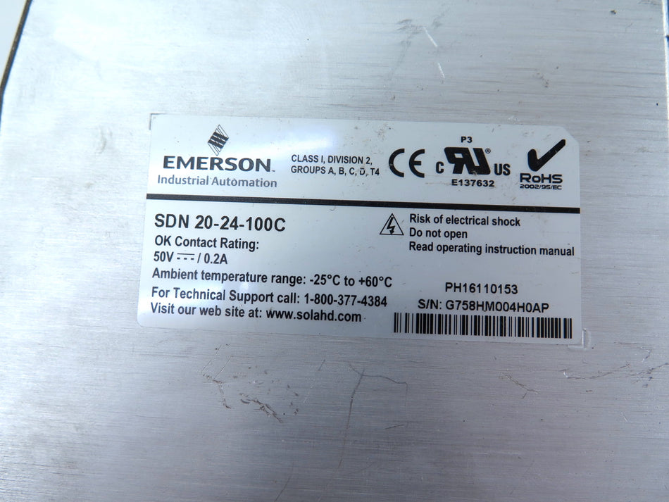 Emerson SOLA SDN 20-24-100C Power Supply Input: 100-240Vac Ouput: 24Vdc - Advance Operations
