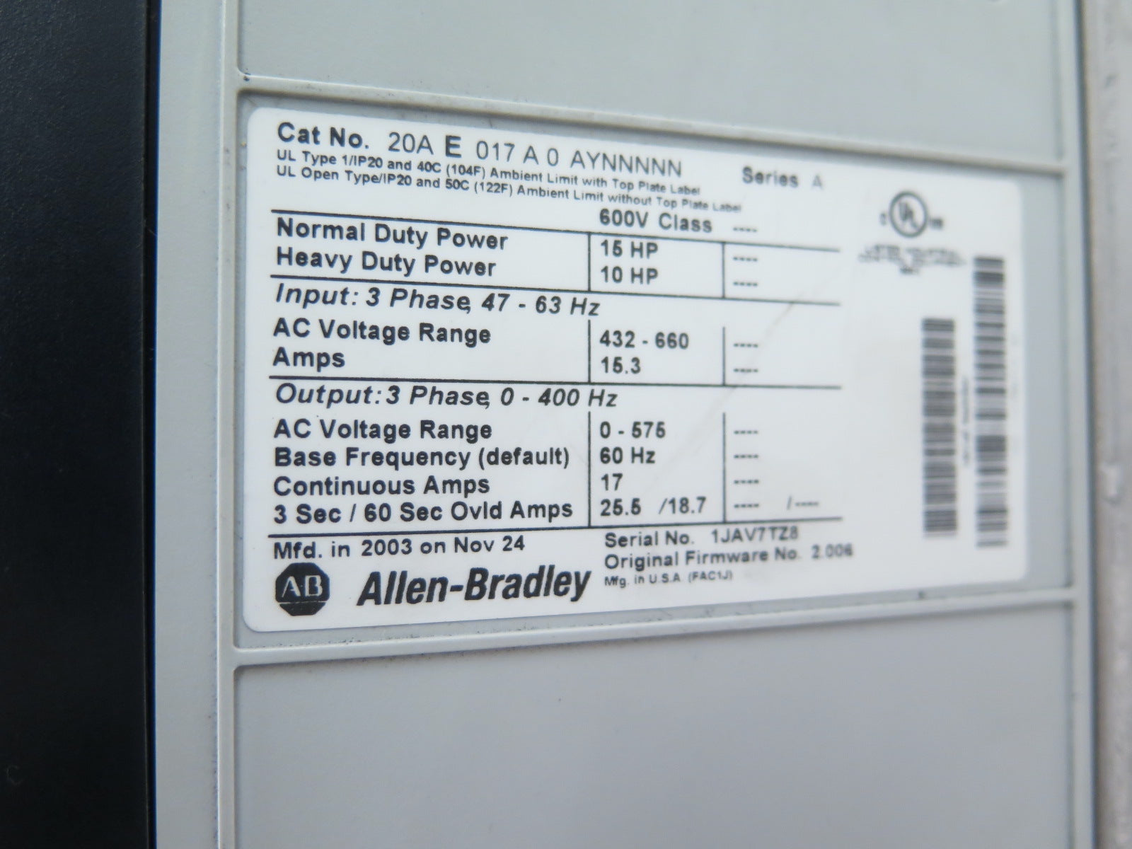 Allen-Bradley 20AE017A0AYNNNNN PowerFlex70 AC Drive 15HP 432-600Vac - Advance Operations
