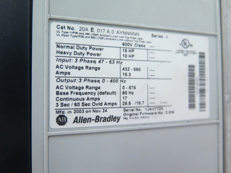 Allen-Bradley 20AE017A0AYNNNNN PowerFlex70 AC Drive 15HP 432-600Vac - Advance Operations
