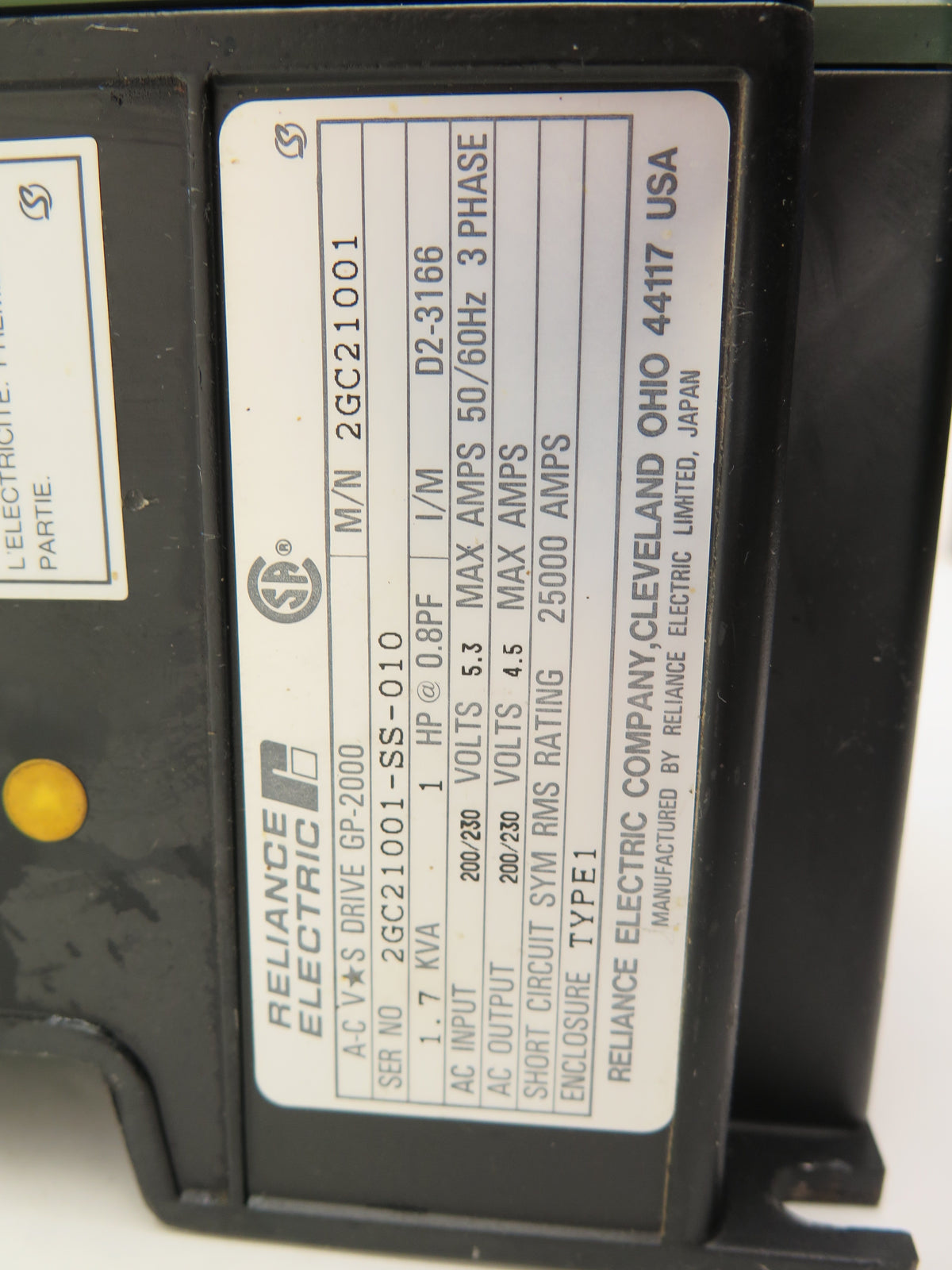 Reliance Electric 2GC21001 1HP AC Drive 200-230Vac 3Ph - Advance Operations