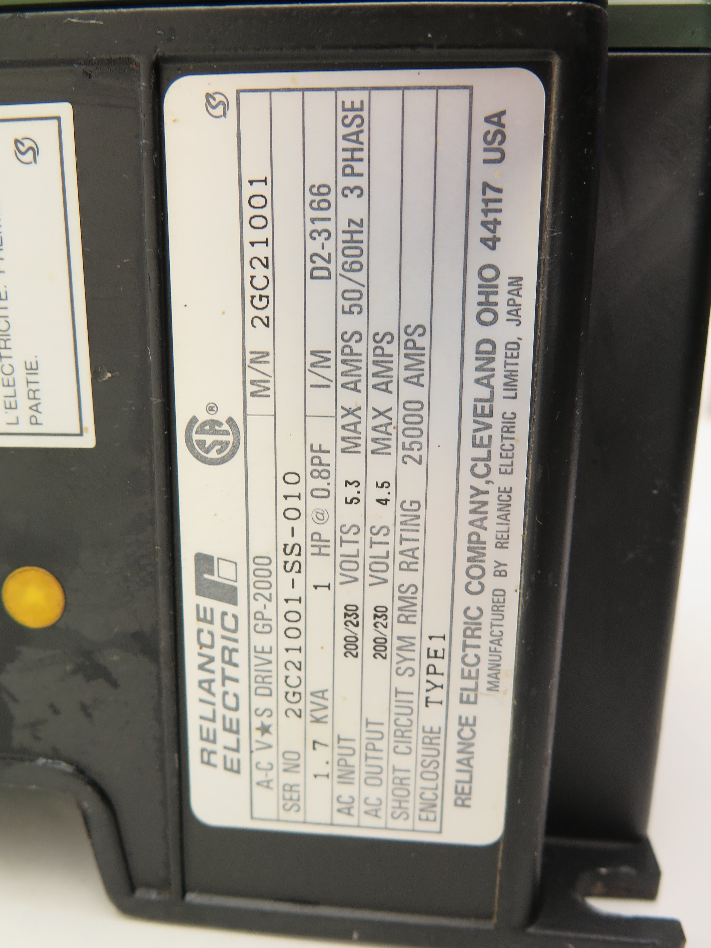 Reliance Electric 2GC21001 1HP AC Drive 200-230Vac 3Ph - Advance Operations