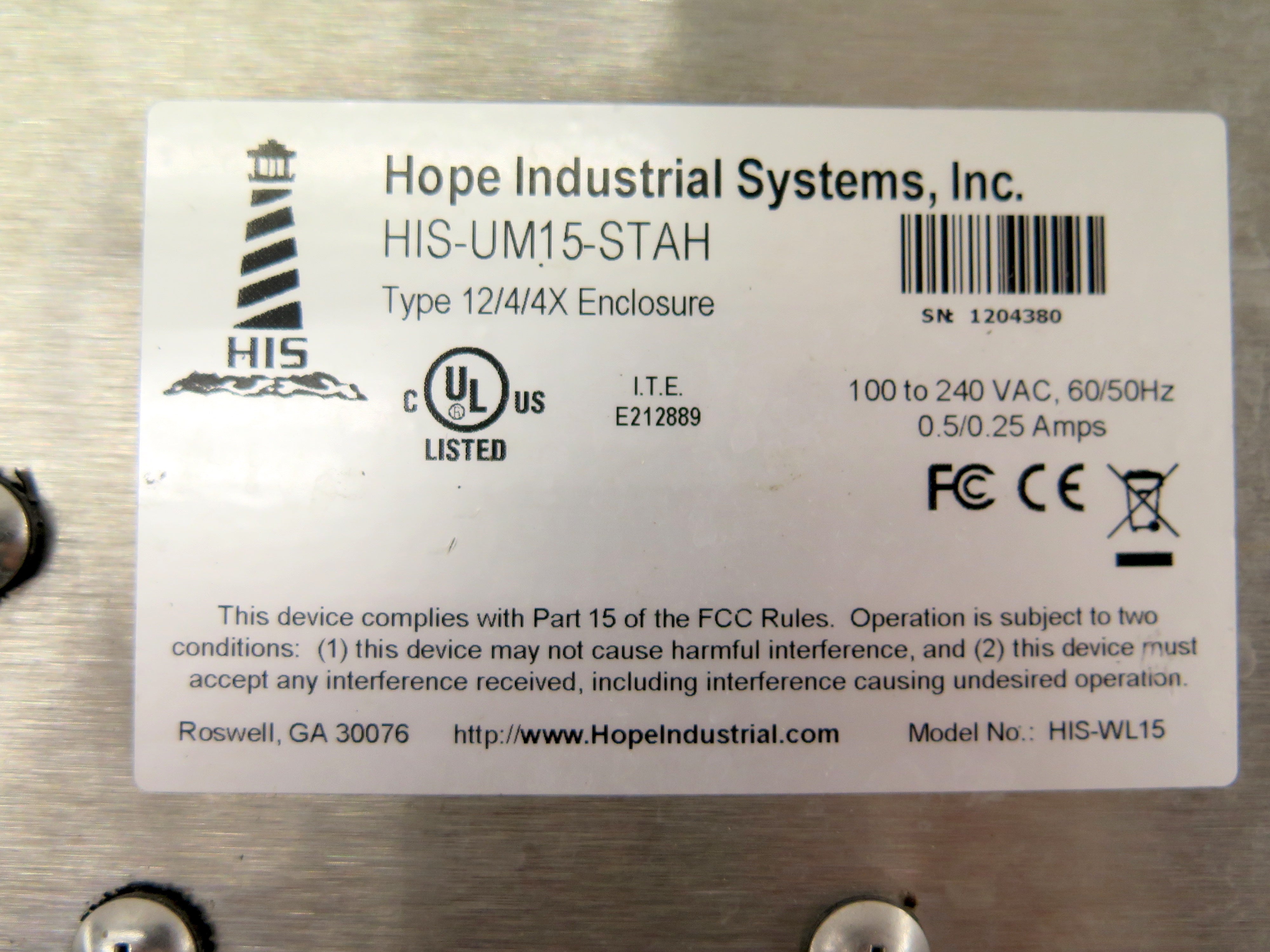 Hope Industrial Systems HIS-UM15-STAH Type 12/4/4X Enclosure HIM Interface - Advance Operations
