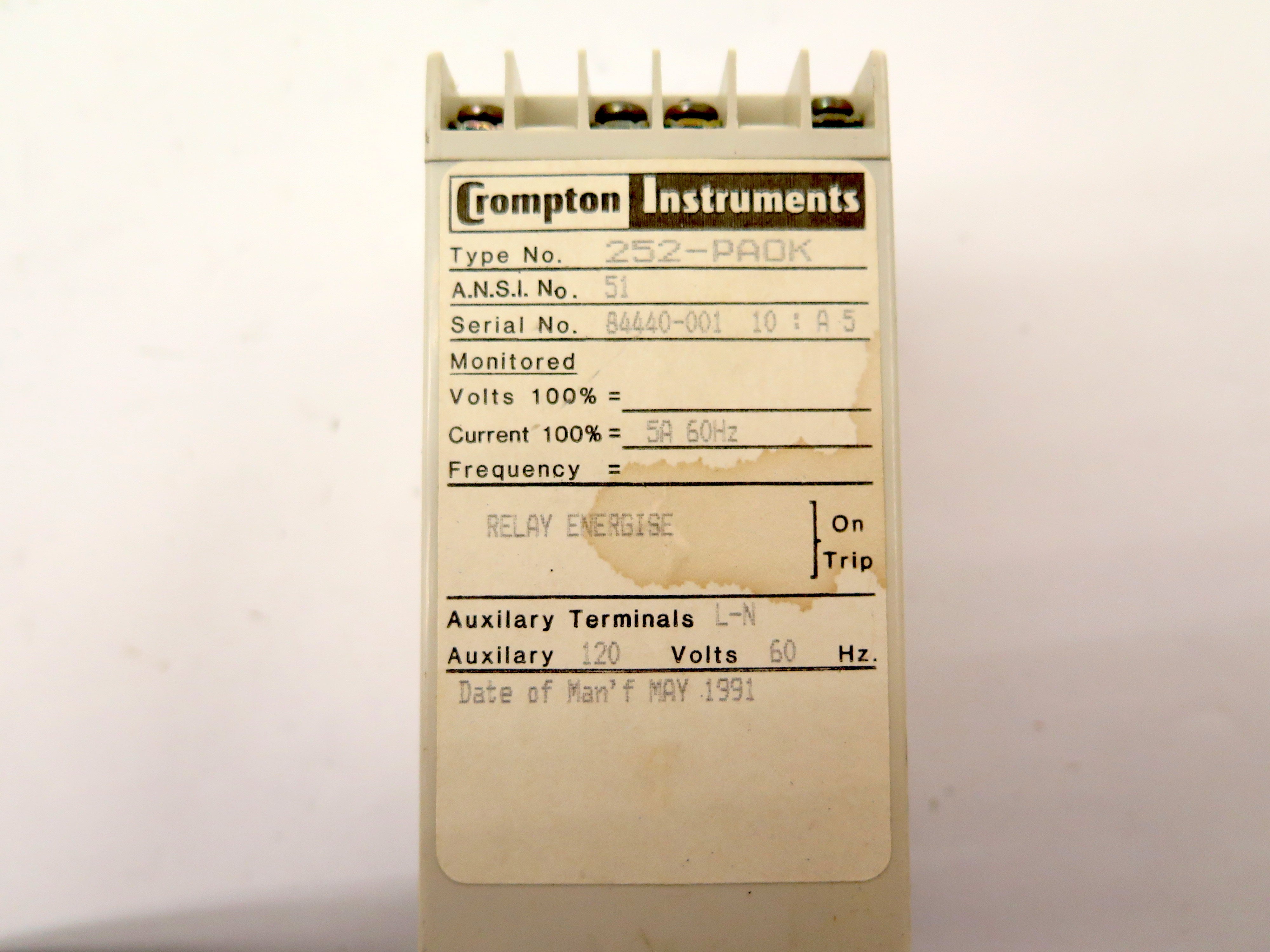 Crompton Instruments 252-PAOK Time Delay Relay - Advance Operations
