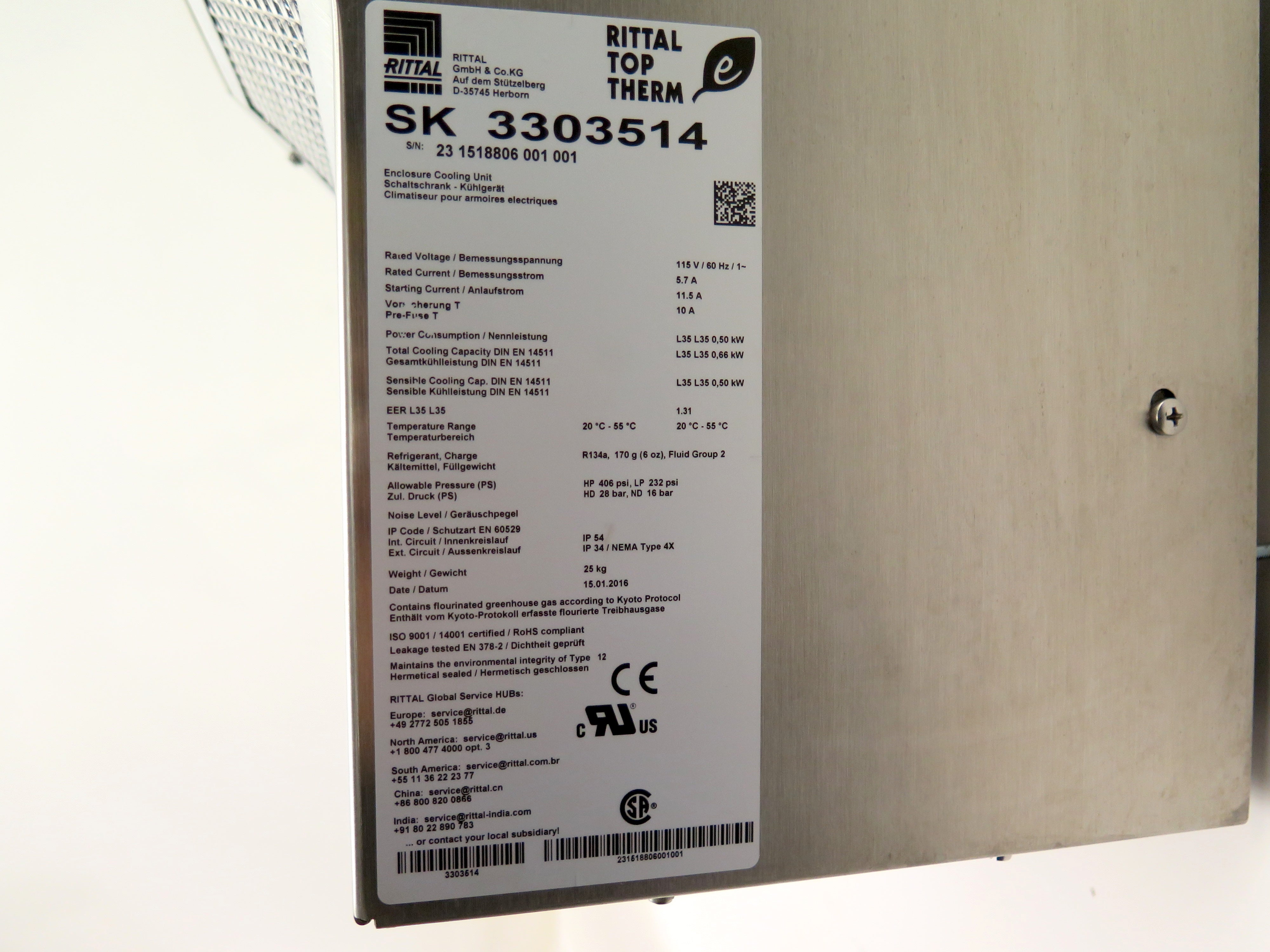 Rittal SK 3303514 Enclosure Cooling Unit Stainless Steel 115Vac 5.7A - Advance Operations
