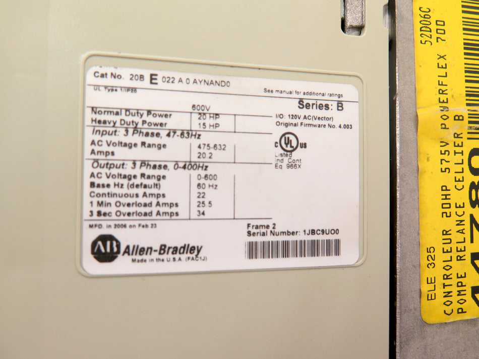 Allen-Bradley 20BE022A0AYNAND0 PowerFlex 700 Ac Drive 20HP 475-632Vac 3Ph 22A - Advance Operations
