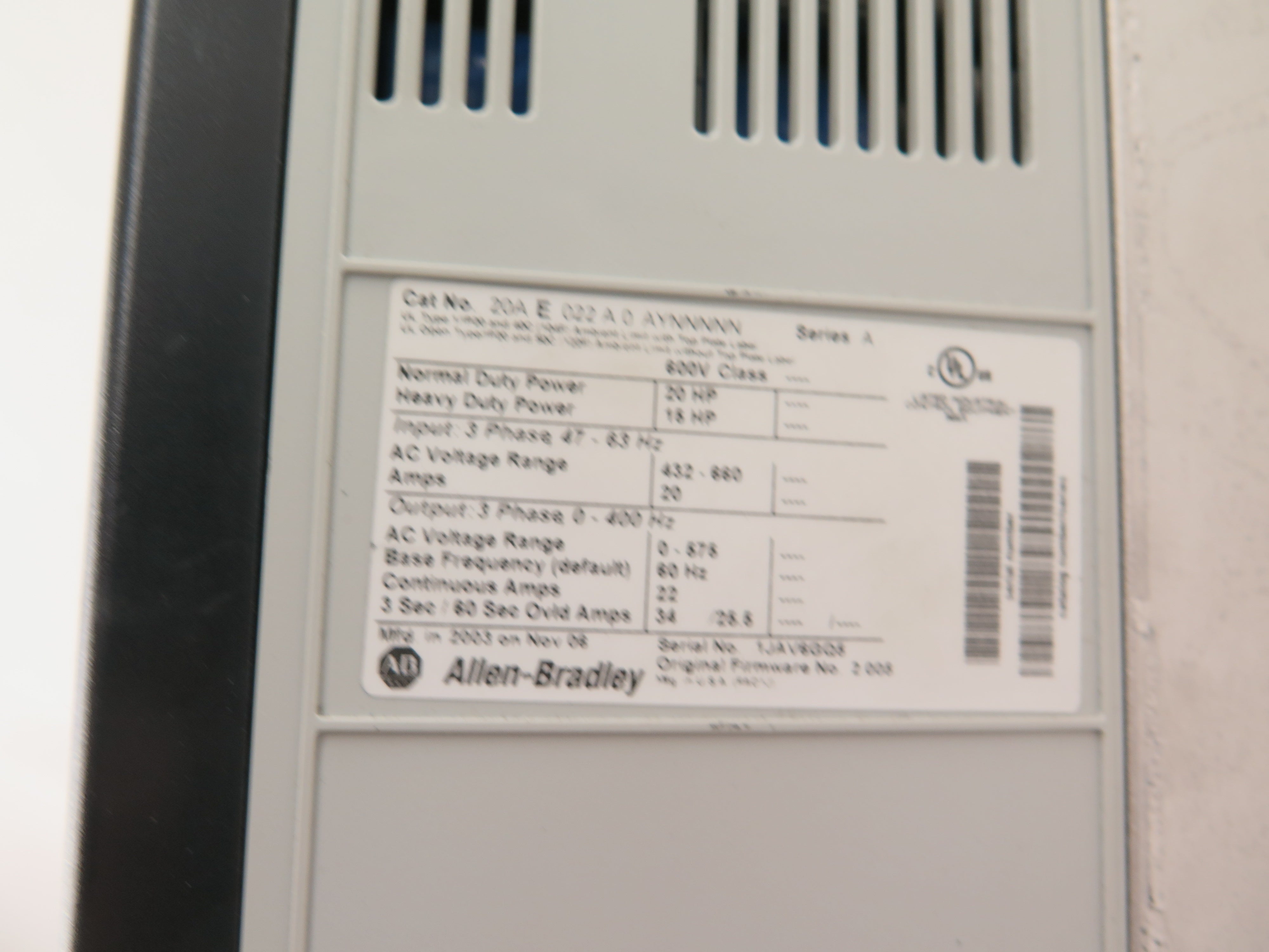 Allen-Bradley 20AE022A0AYNNNNN PowerFlex 70 AC Drive 20HP 432-600Vac - Advance Operations