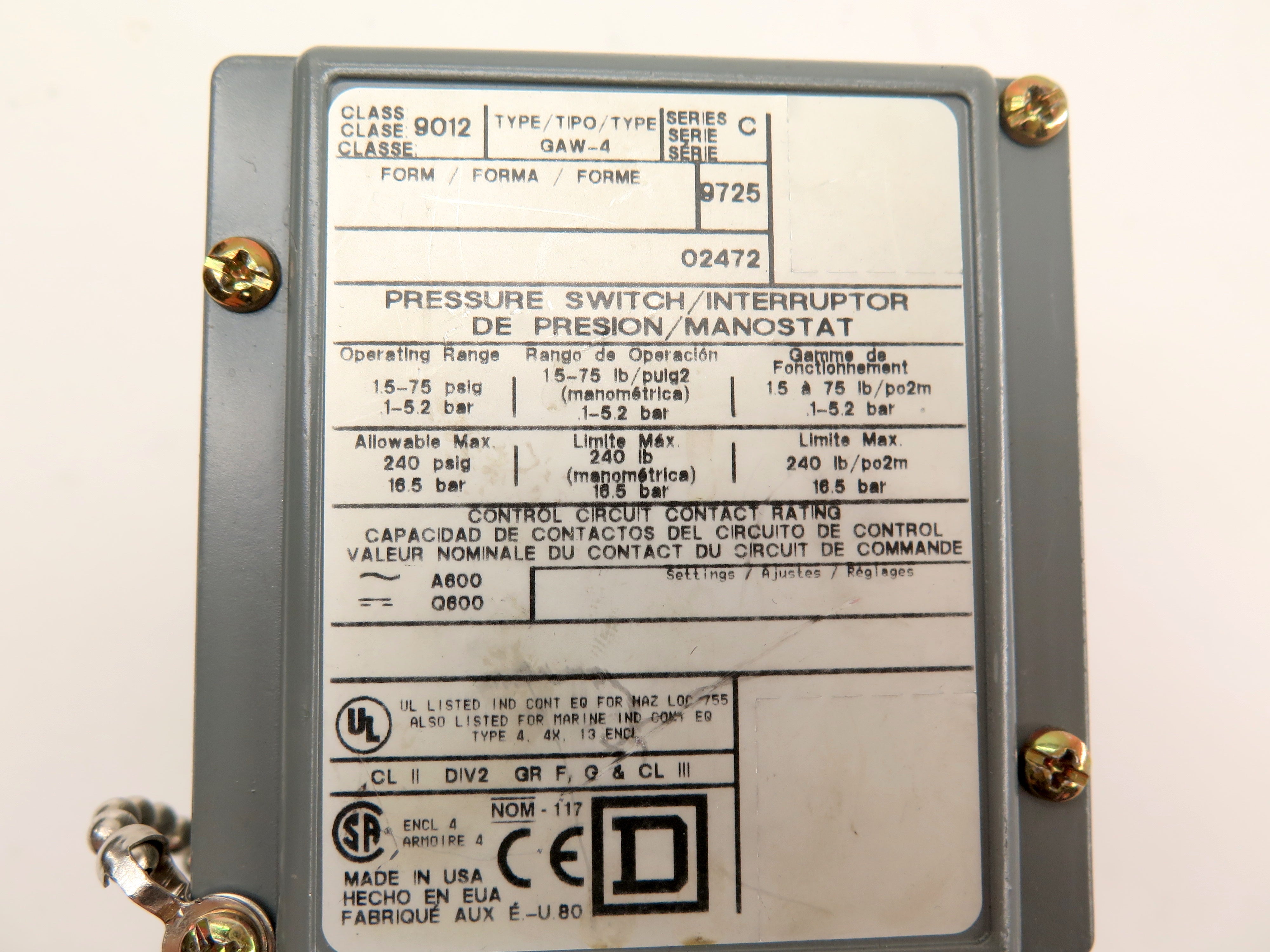 Square D GAW-4 Pressure Switch - Advance Operations