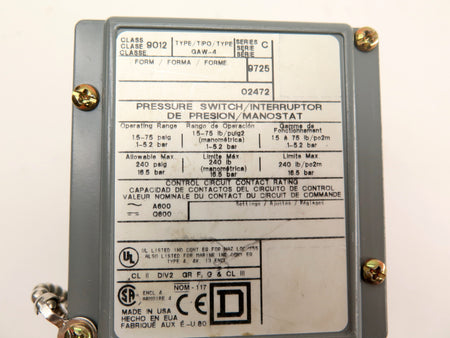 Square D GAW-4 Pressure Switch - Advance Operations