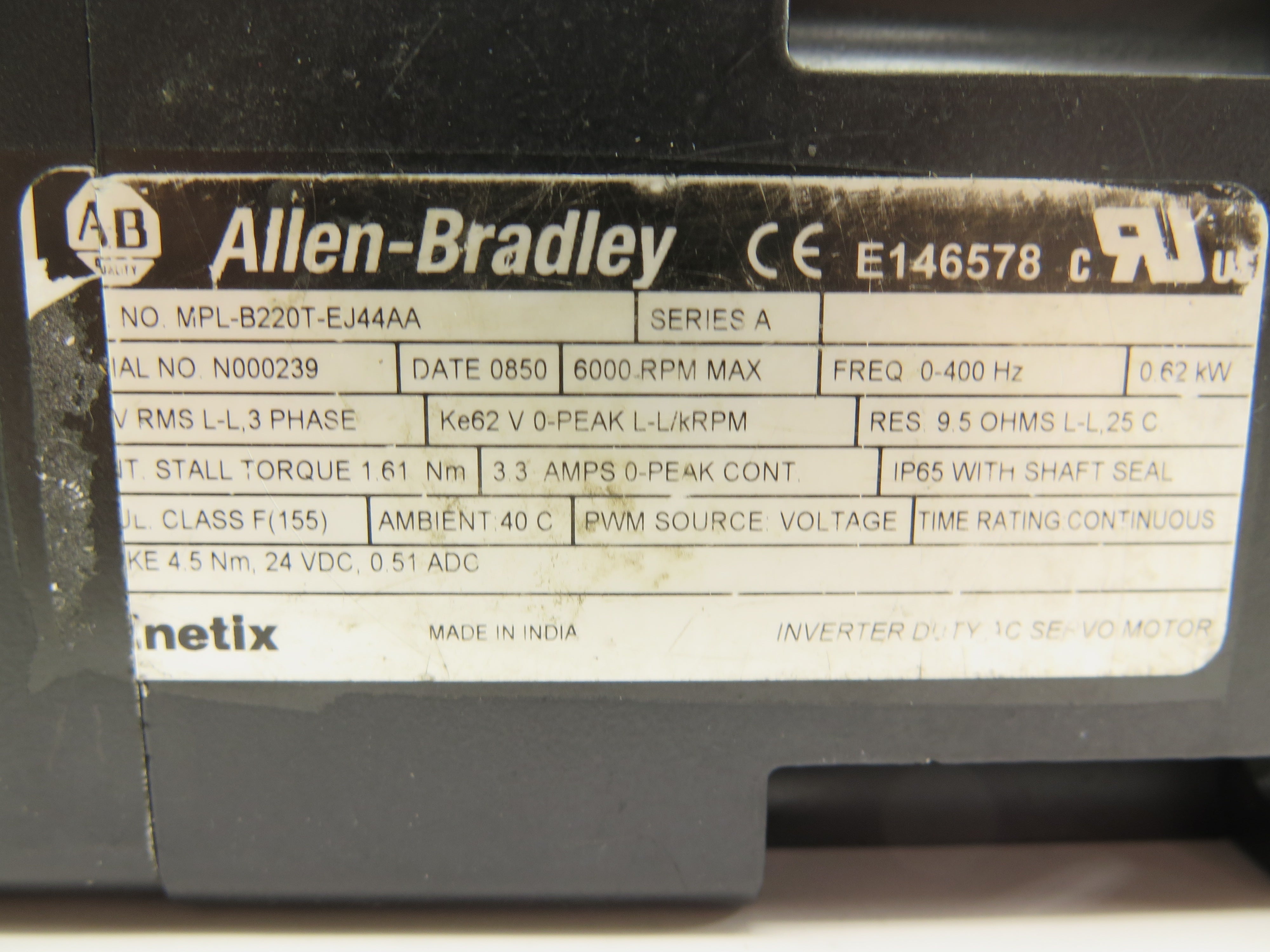 Allen-Bradley MPl-B220T-EJ44AA Inverter Duty AC Servo Motor 460V 0.62kW - Advance Operations